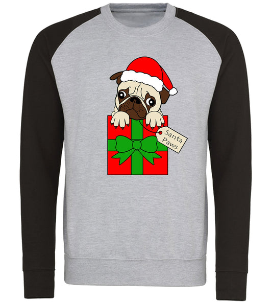 Santa Paws Pug Dog Christmas Baseball Sweatshirt