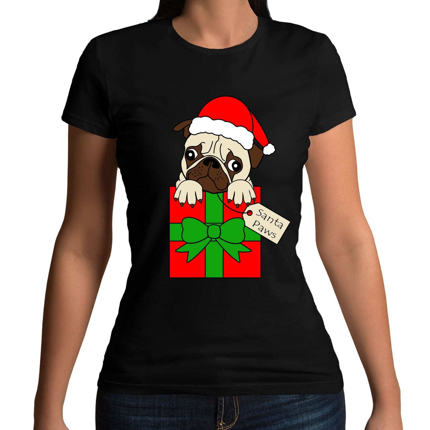 Santa Paws Pug Dog Christmas Womens T-shirt