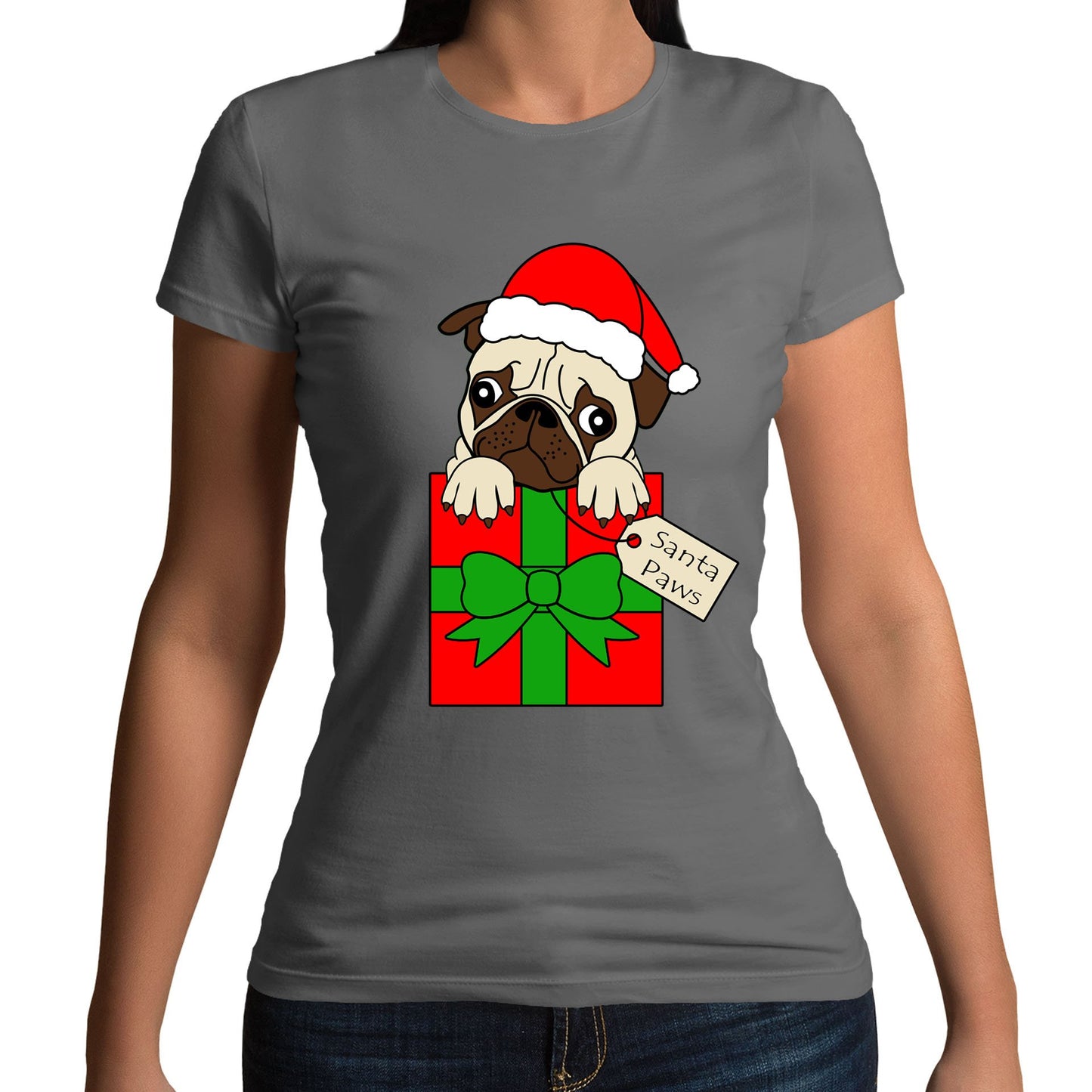 Santa Paws Pug Dog Christmas Womens T-shirt