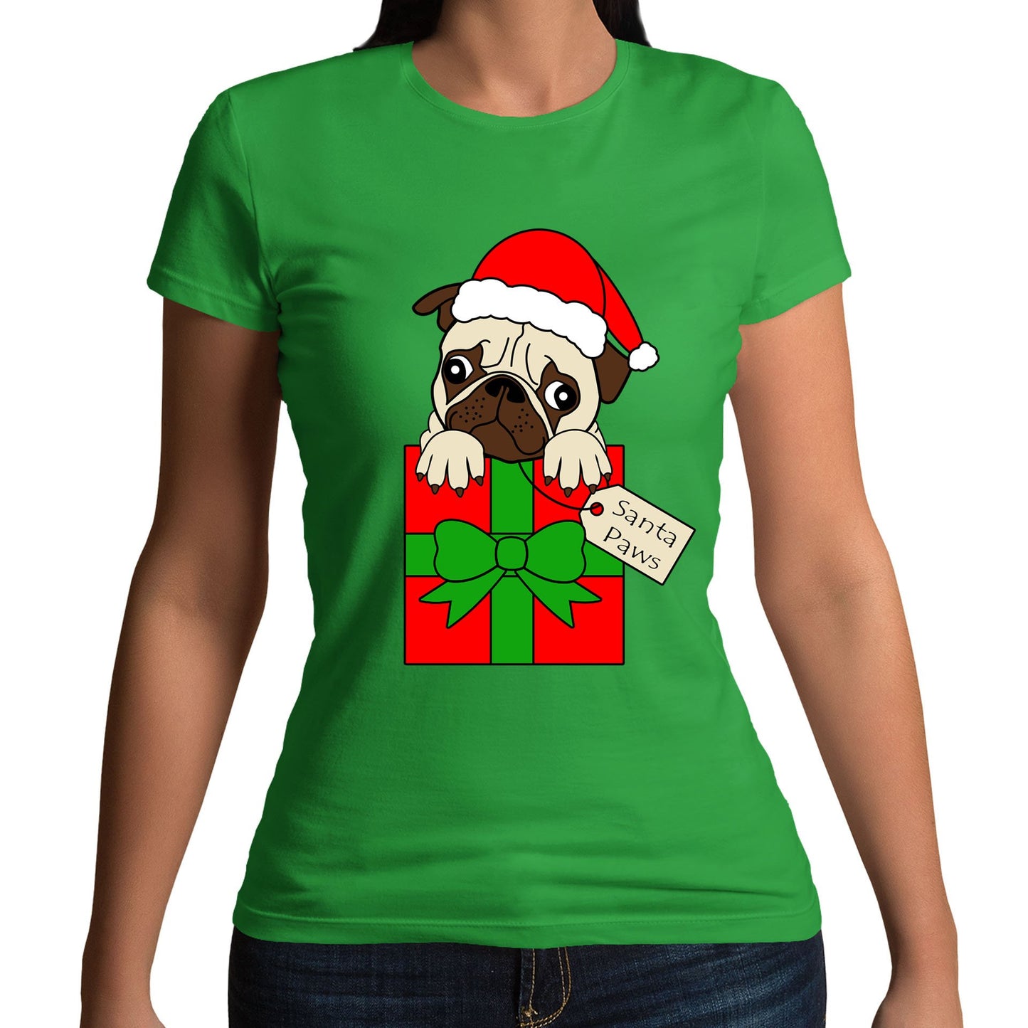 Santa Paws Pug Dog Christmas Womens T-shirt