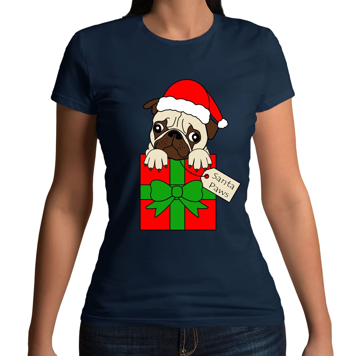 Santa Paws Pug Dog Christmas Womens T-shirt