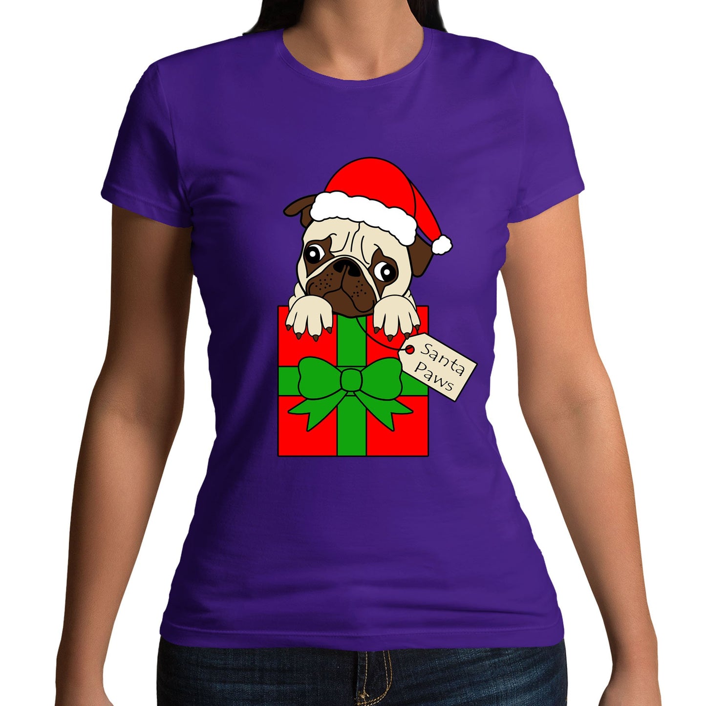 Santa Paws Pug Dog Christmas Womens T-shirt