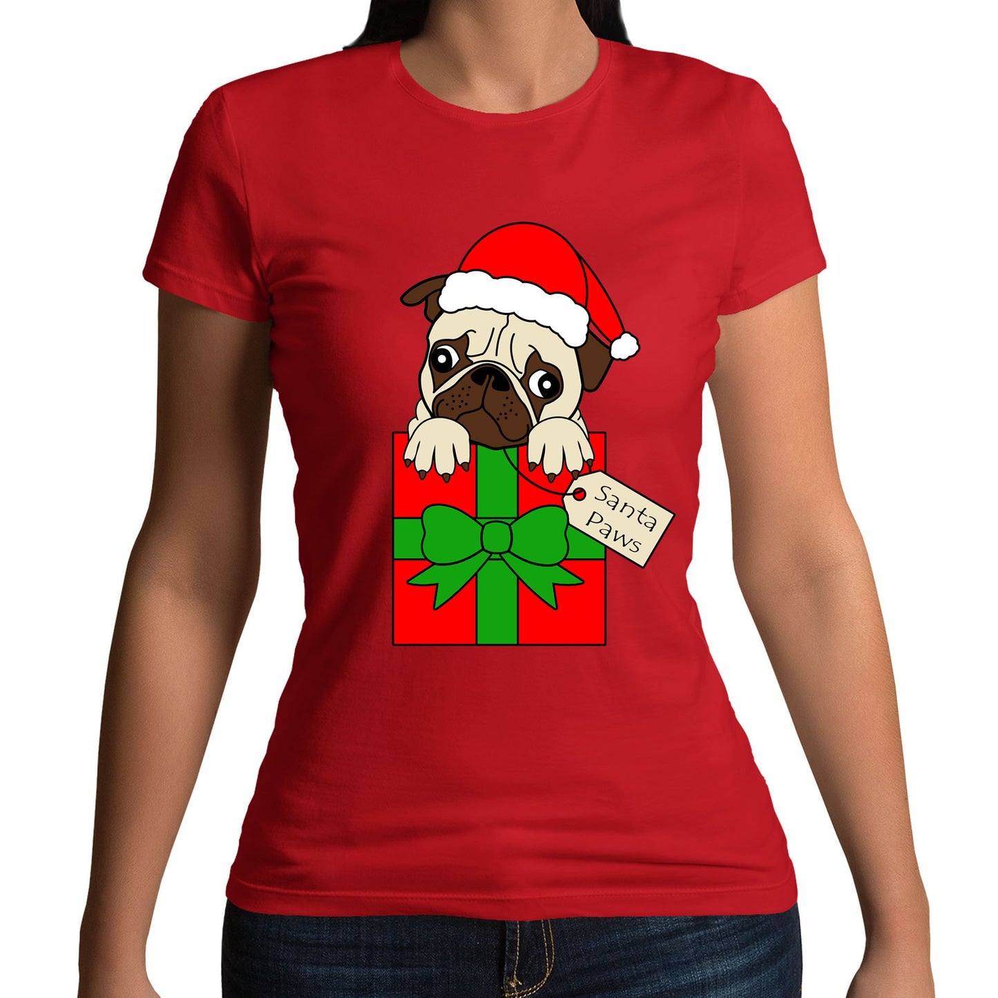 Santa Paws Pug Dog Christmas Womens T-shirt