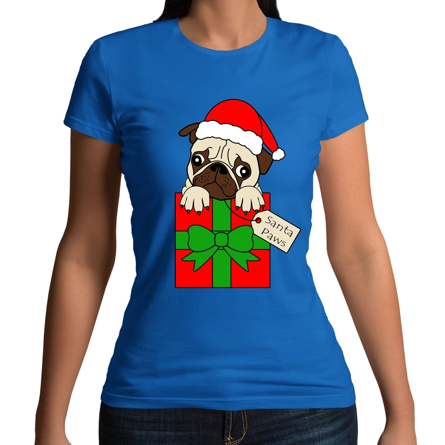 Santa Paws Pug Dog Christmas Womens T-shirt