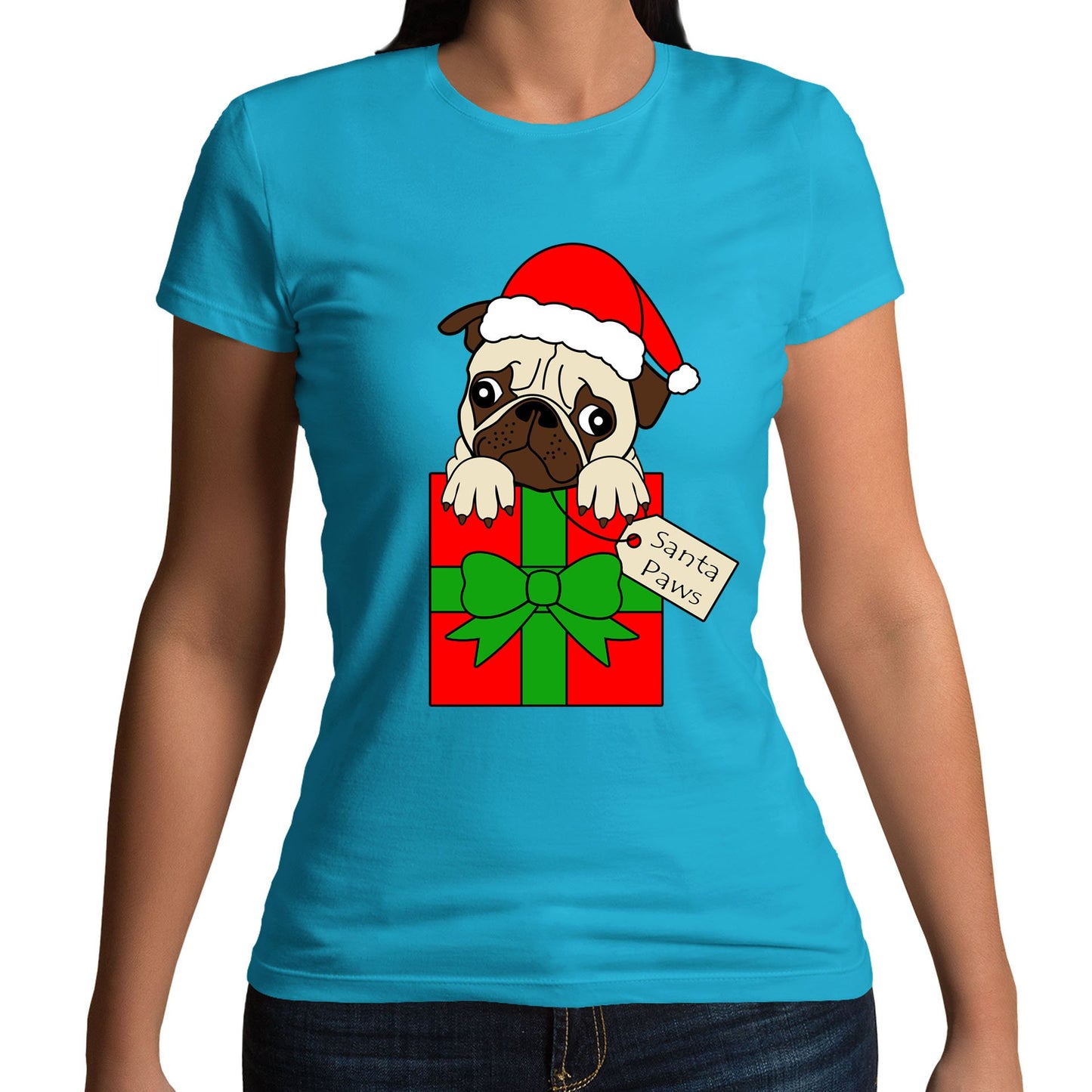 Santa Paws Pug Dog Christmas Womens T-shirt