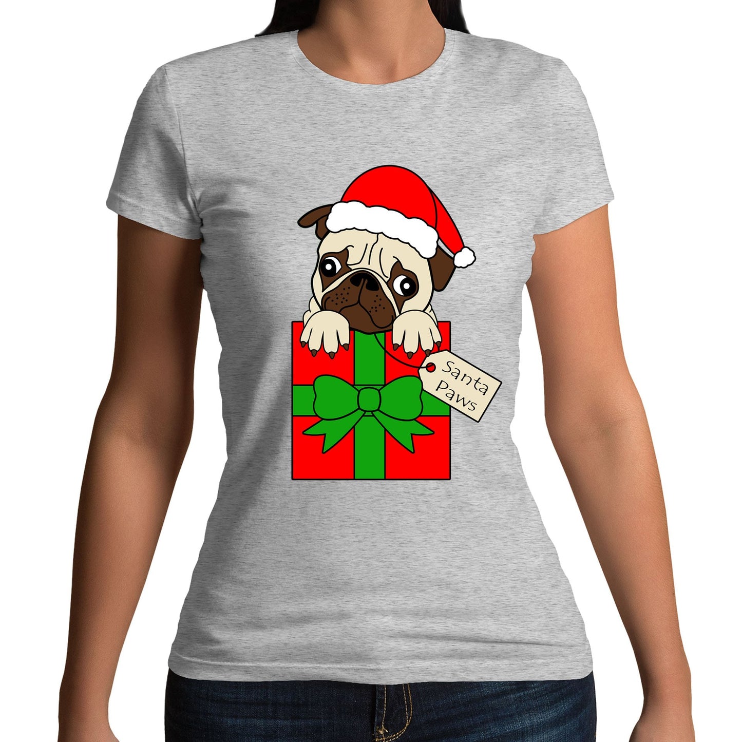 Santa Paws Pug Dog Christmas Womens T-shirt