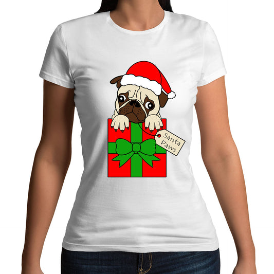 Santa Paws Pug Dog Christmas Womens T-shirt