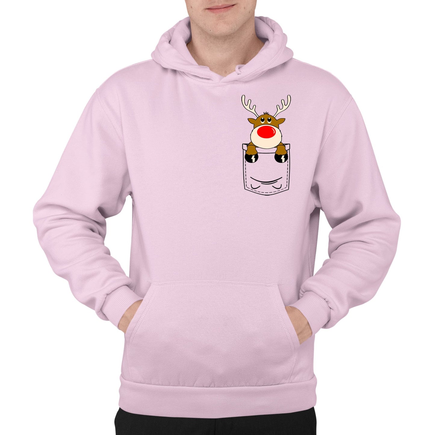 Reindeer Pocket Print Christmas Mens Pullover Hoodie