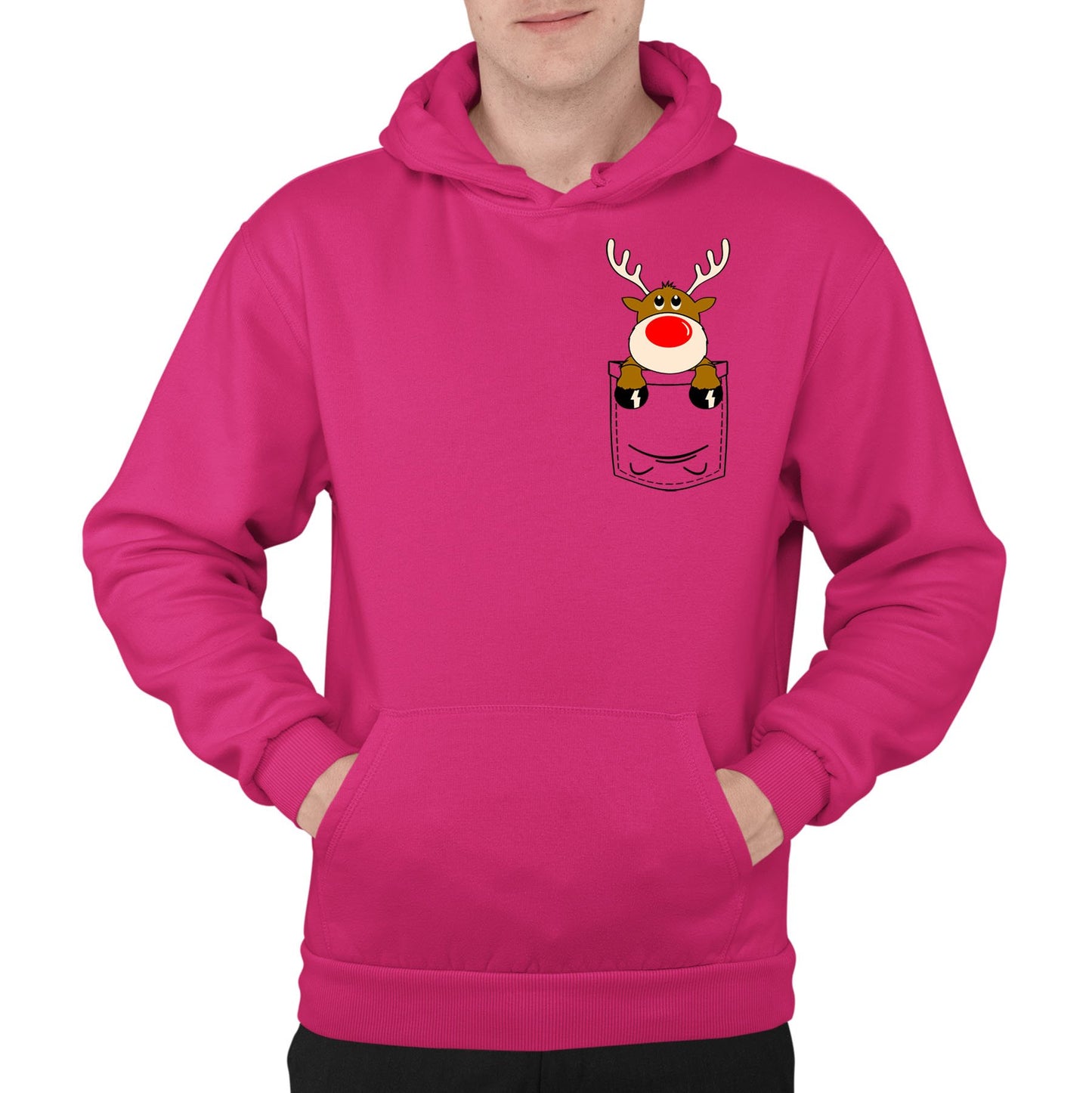 Reindeer Pocket Print Christmas Mens Pullover Hoodie