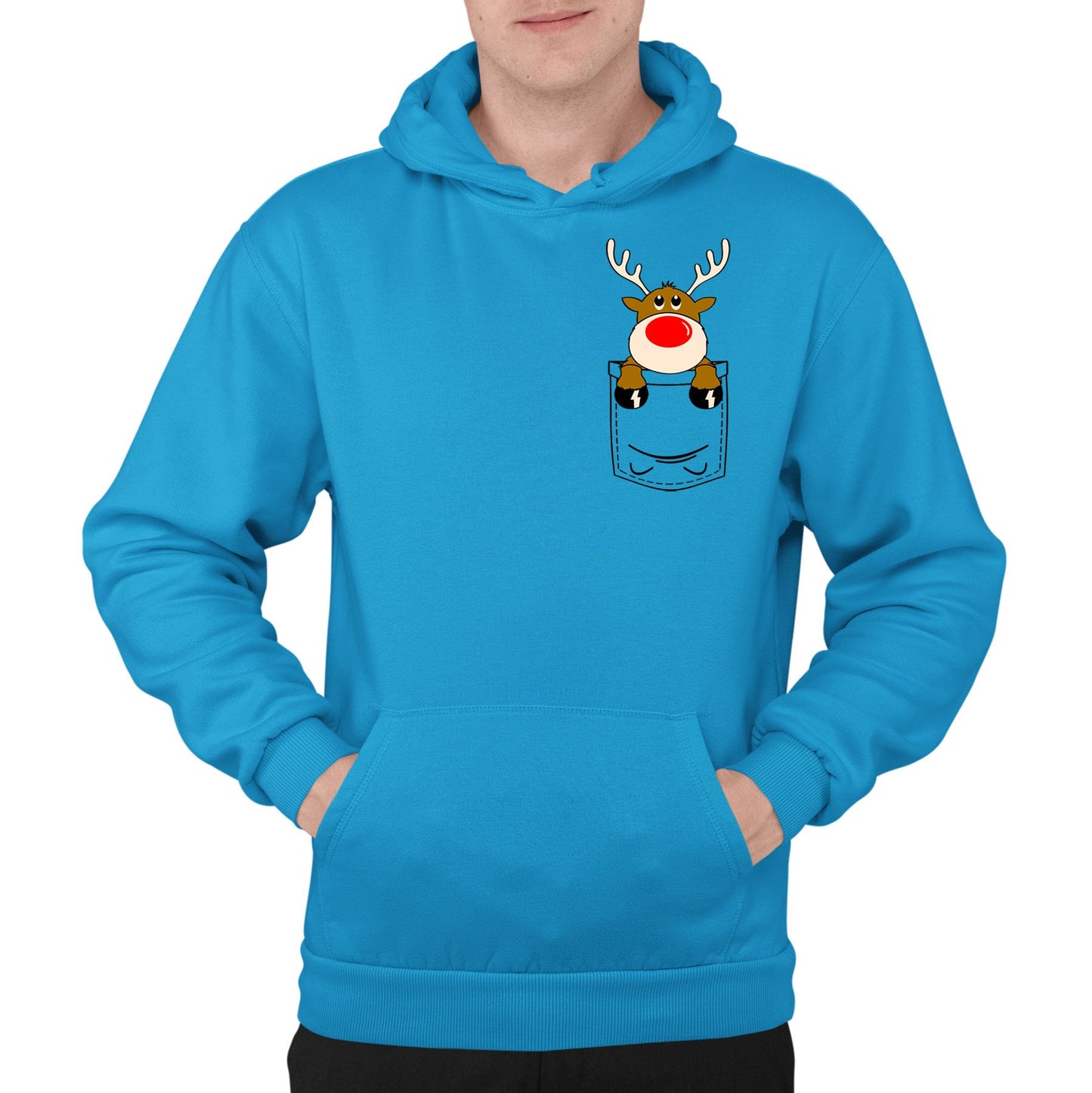 Reindeer Pocket Print Christmas Mens Pullover Hoodie