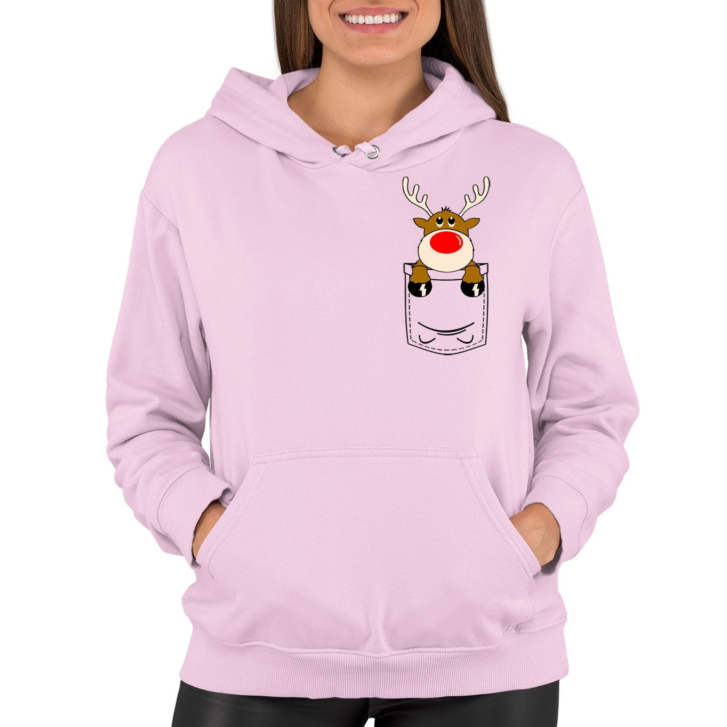 Reindeer Pocket Print Christmas Womens Pullover Hoodie