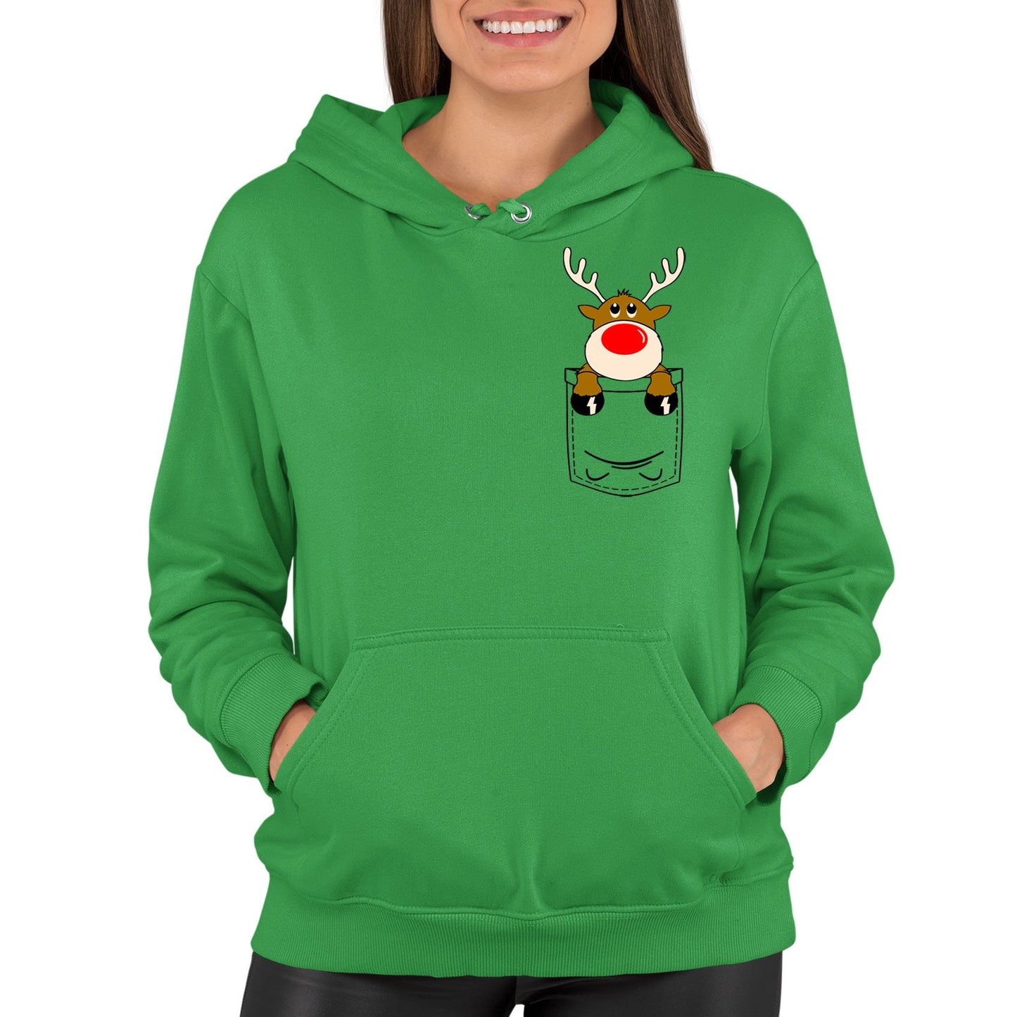 Reindeer Pocket Print Christmas Womens Pullover Hoodie