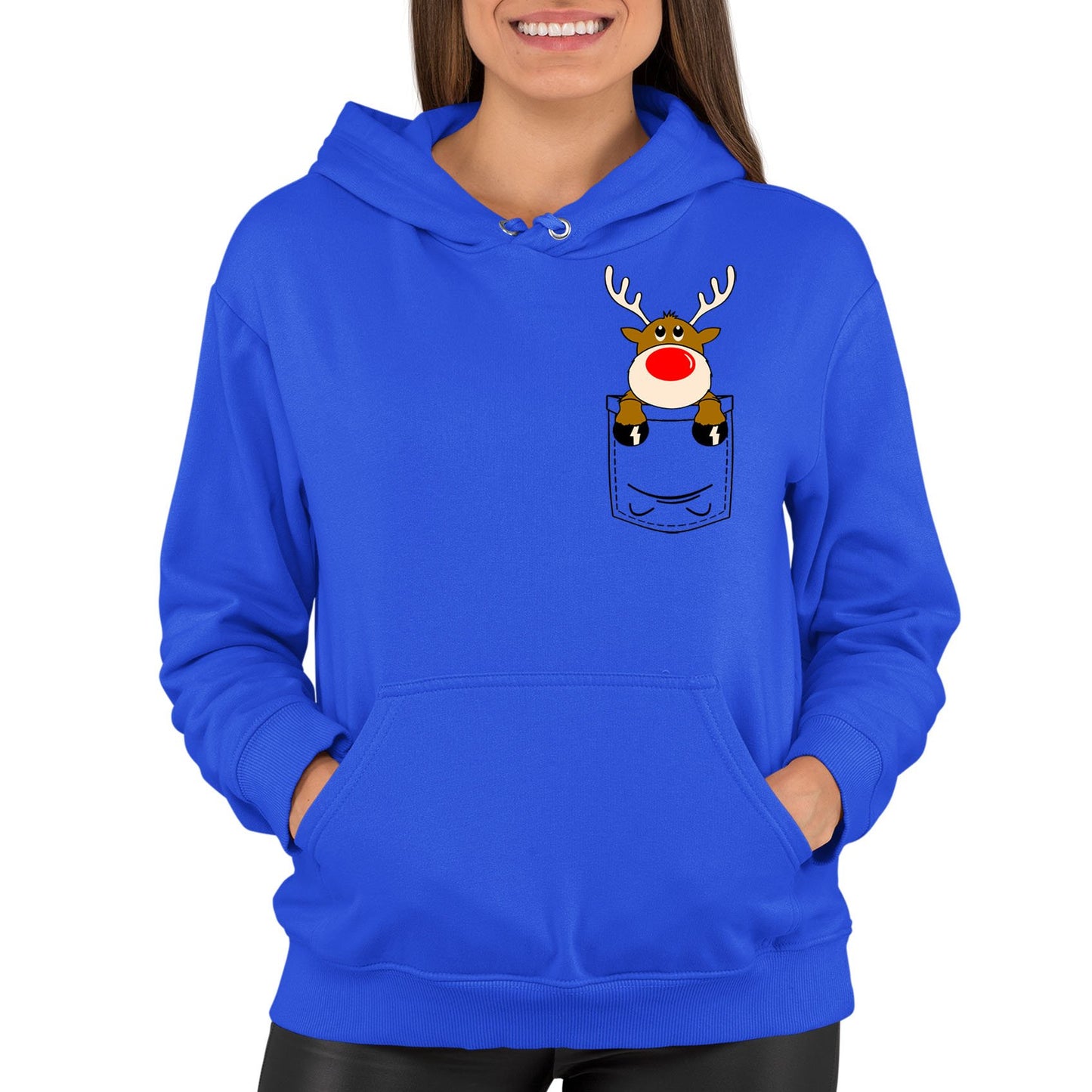 Reindeer Pocket Print Christmas Womens Pullover Hoodie