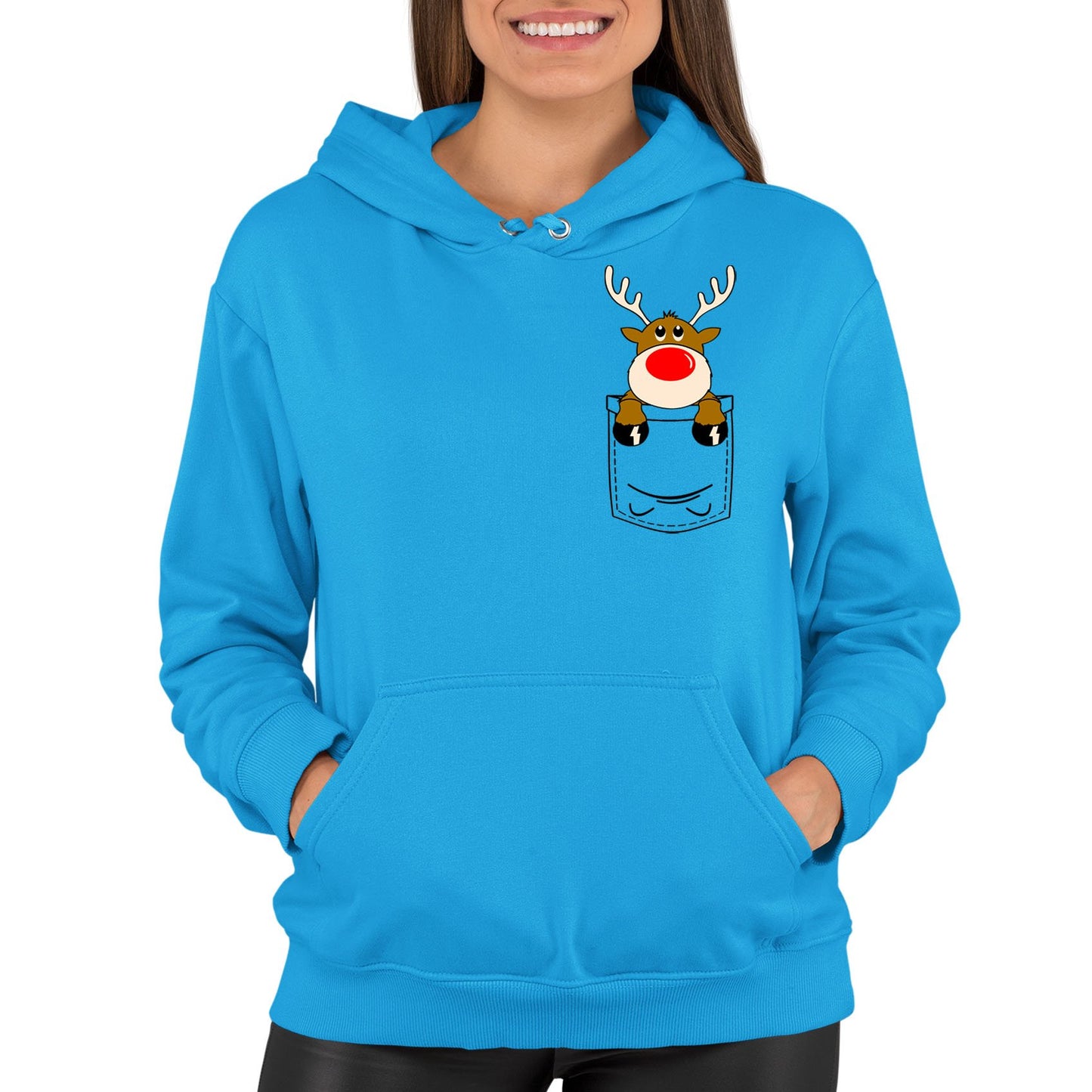 Reindeer Pocket Print Christmas Womens Pullover Hoodie