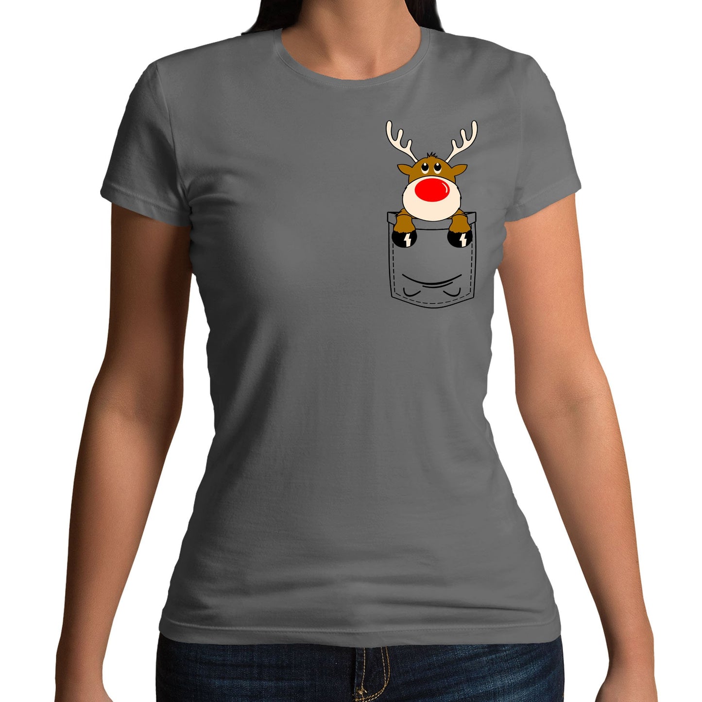 Reindeer Pocket Print Christmas Womens T-shirt