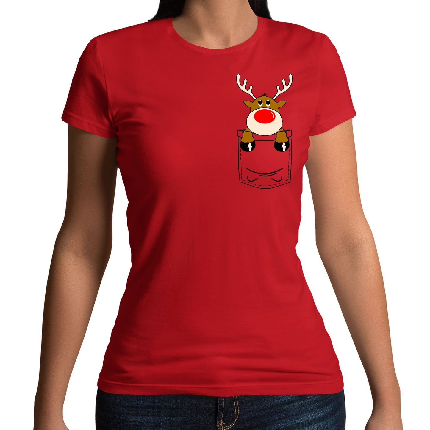 Reindeer Pocket Print Christmas Womens T-shirt