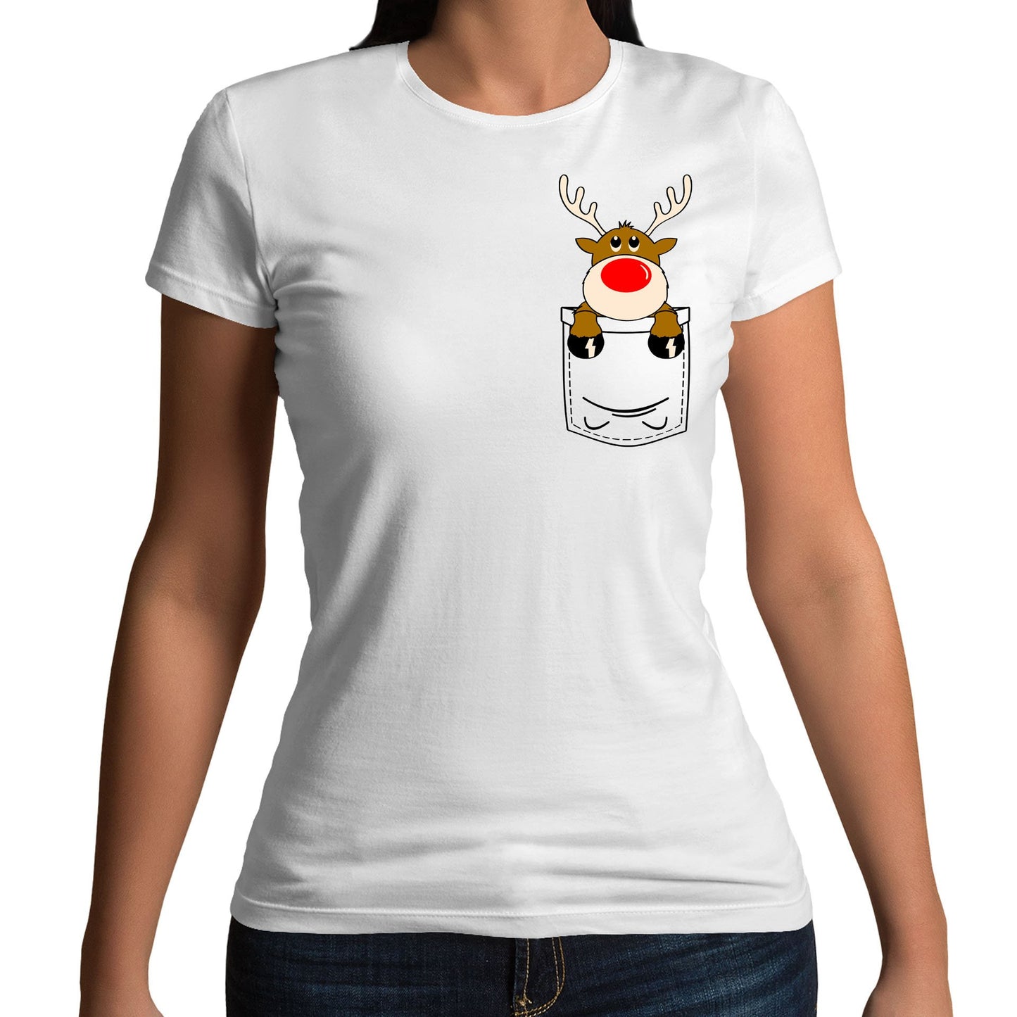 Reindeer Pocket Print Christmas Womens T-shirt