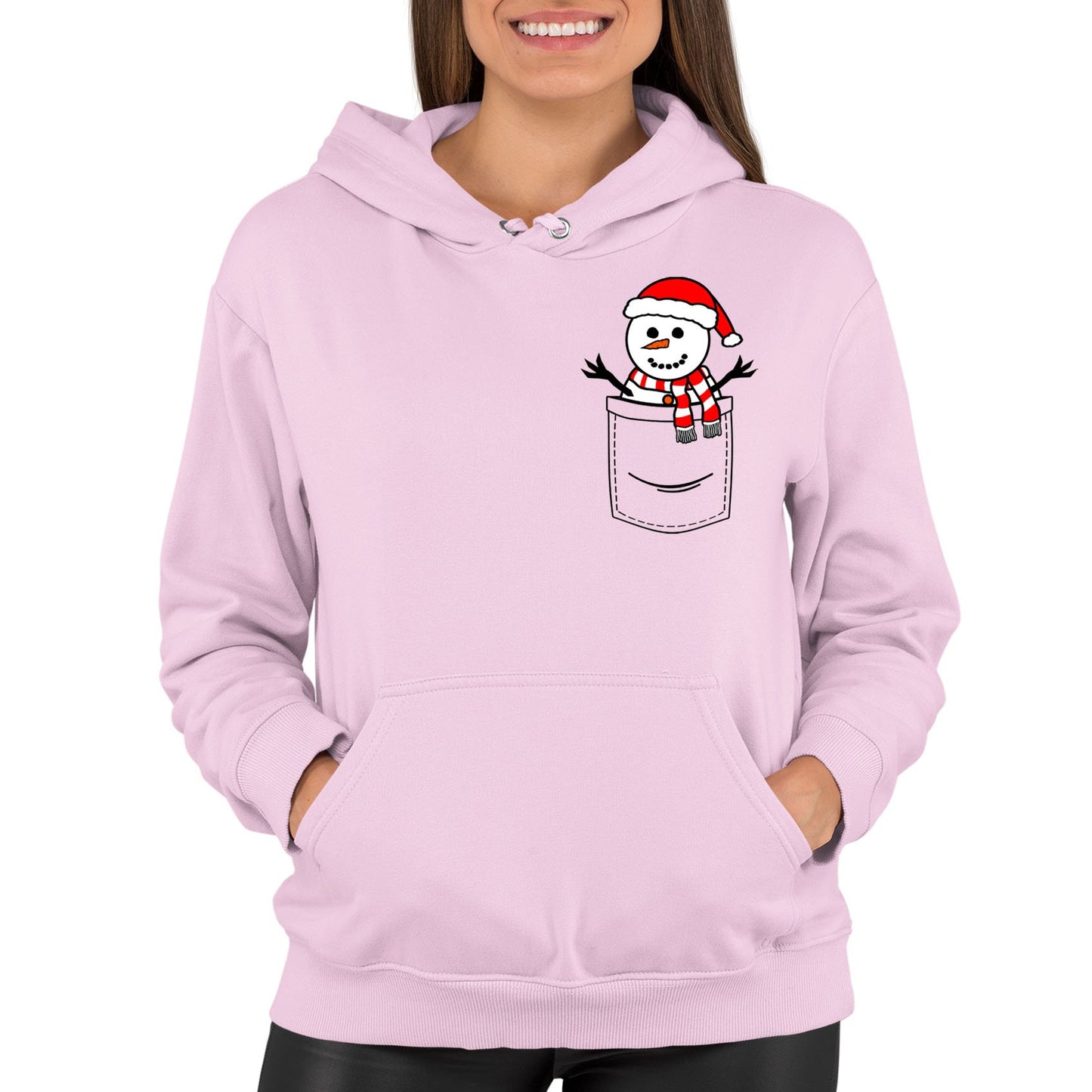 Snowman Pocket Print Christmas Womens Pullover Hoodie