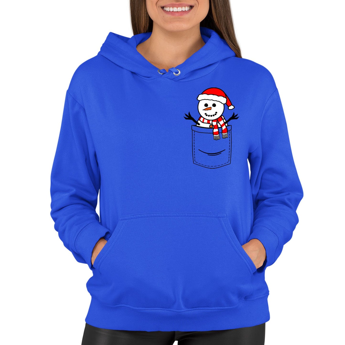 Snowman Pocket Print Christmas Womens Pullover Hoodie