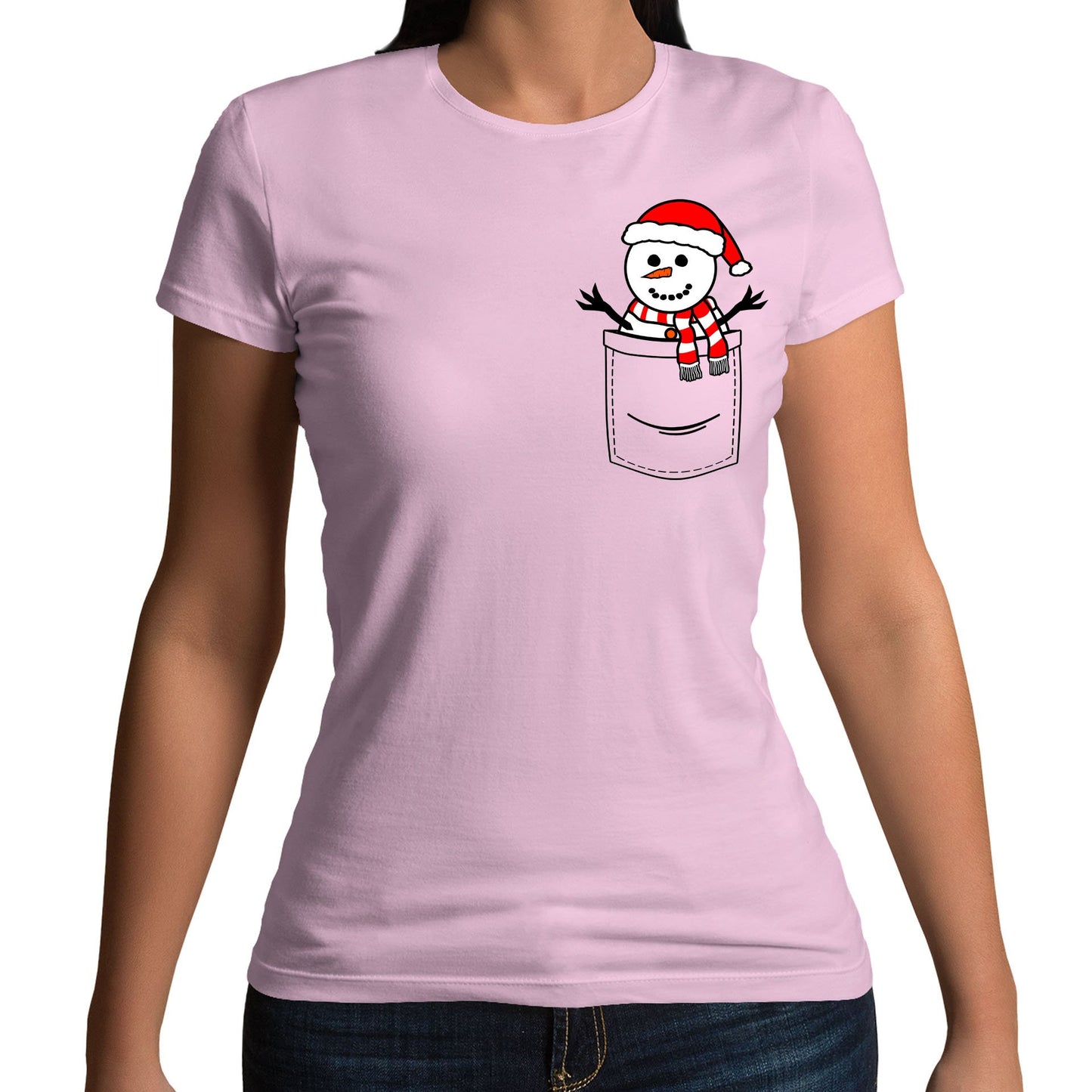 Snowman Pocket Print Christmas Womens T-shirt