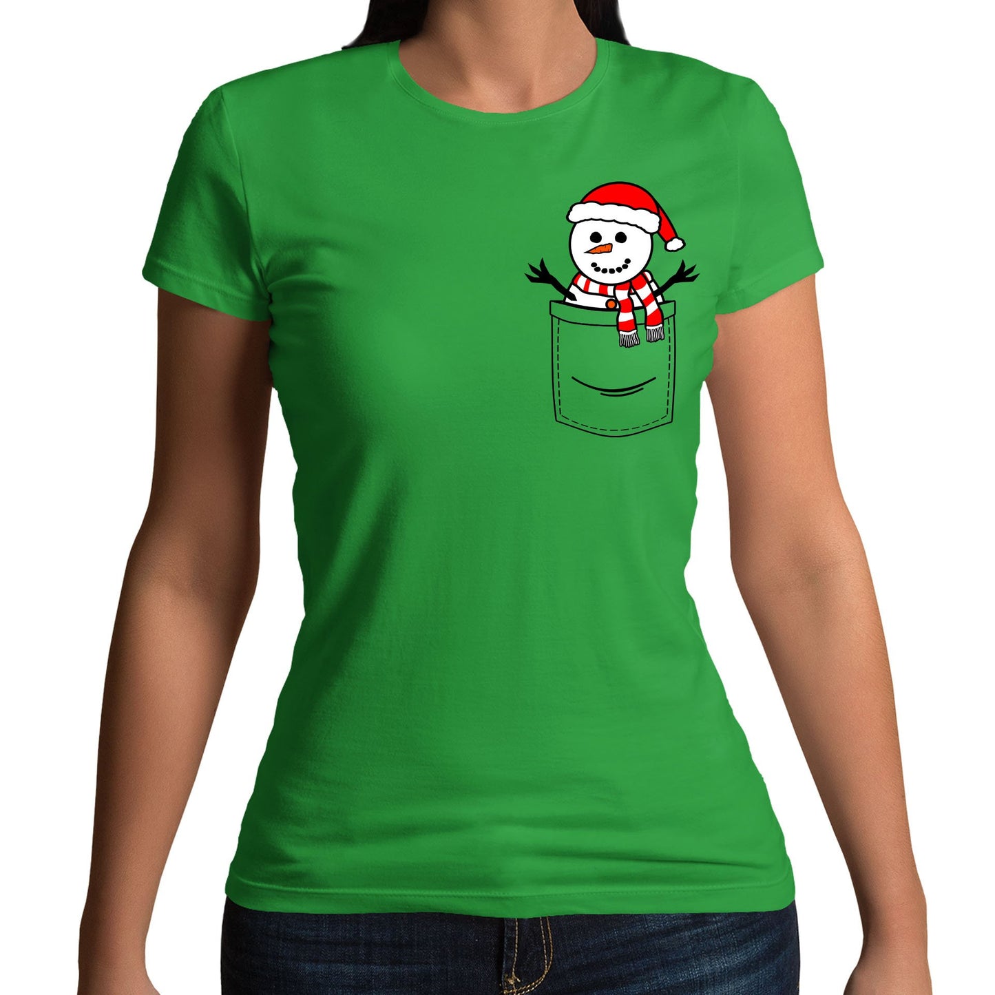 Snowman Pocket Print Christmas Womens T-shirt