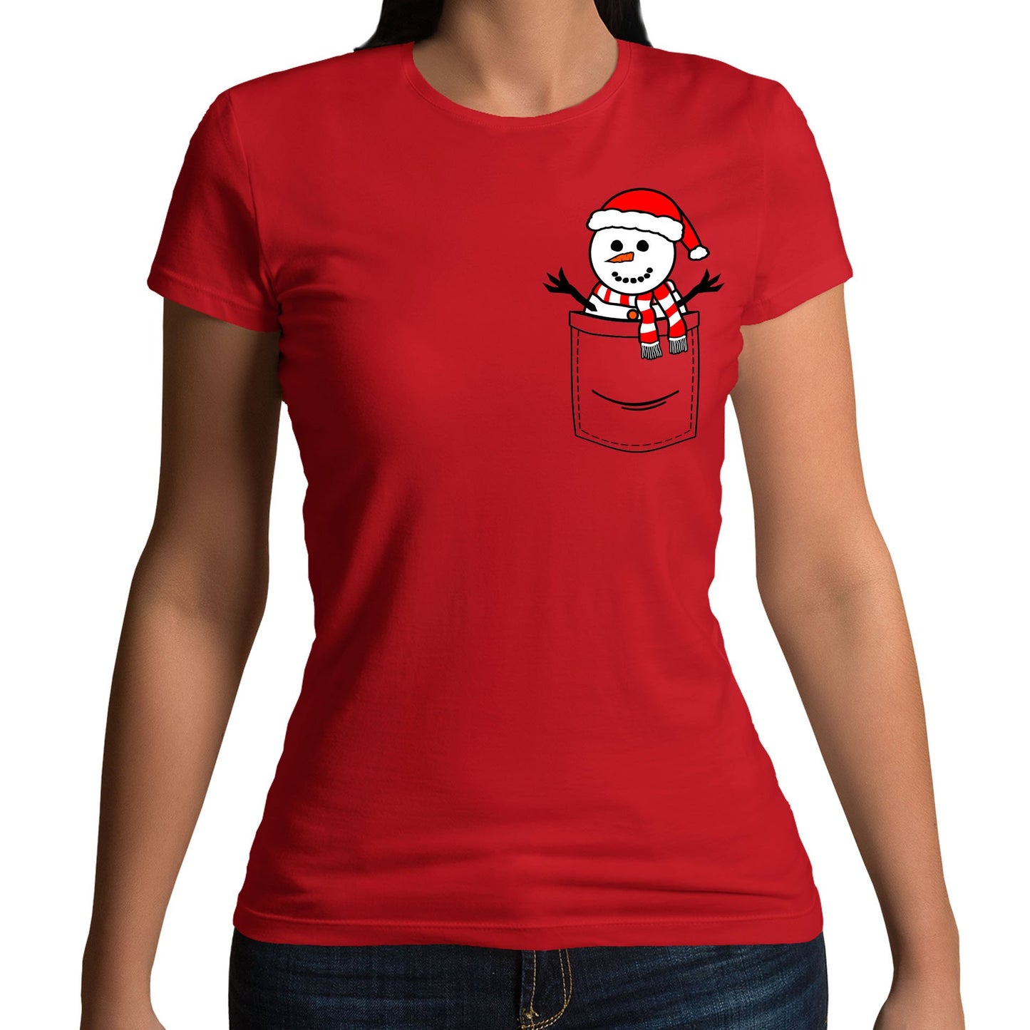 Snowman Pocket Print Christmas Womens T-shirt