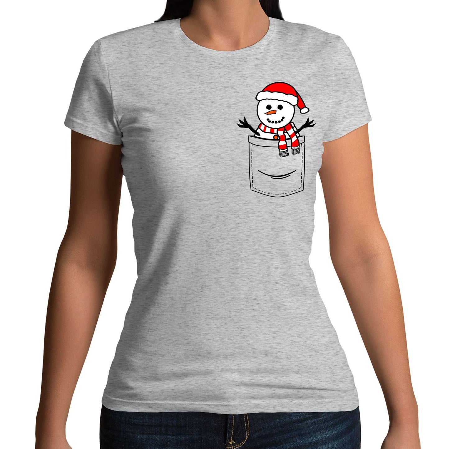 Snowman Pocket Print Christmas Womens T-shirt