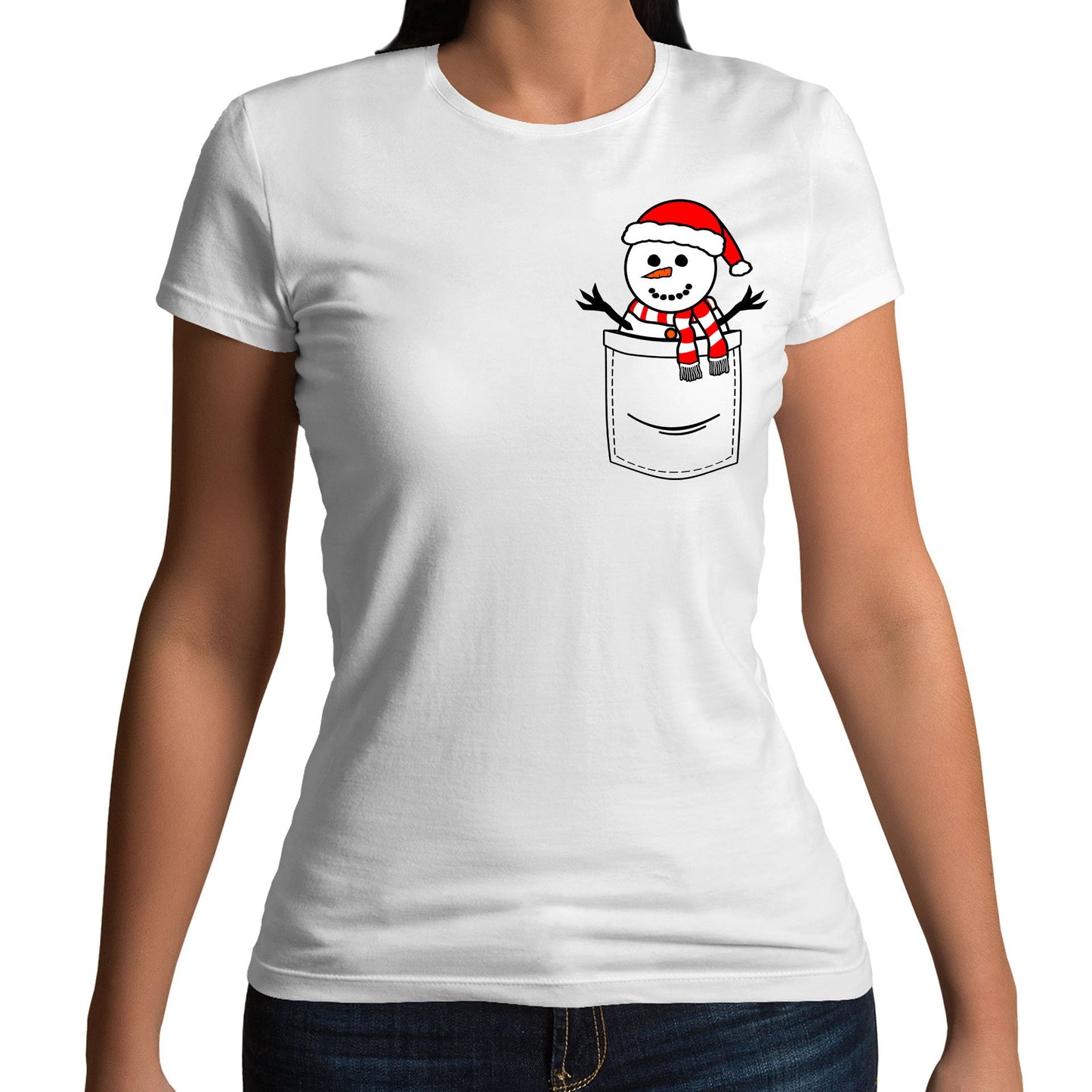 Snowman Pocket Print Christmas Womens T-shirt