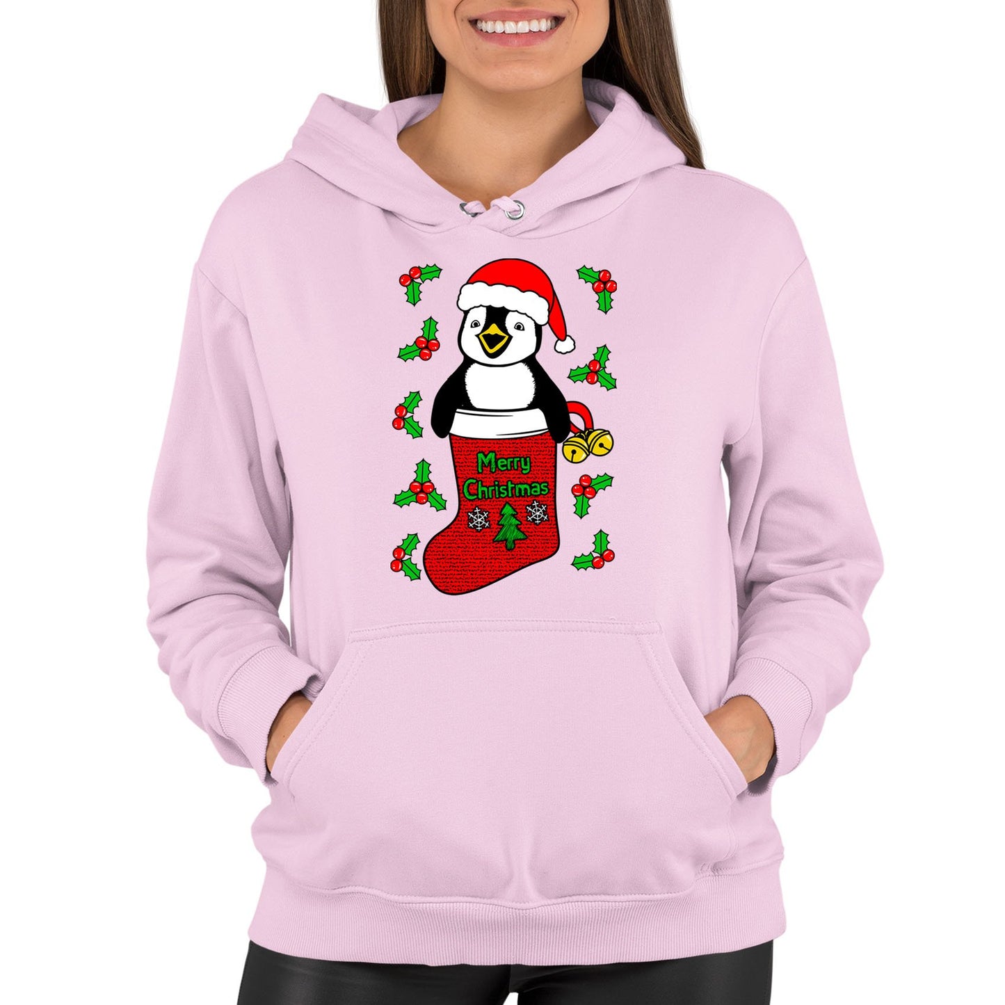 Santa Penguin Christmas Womens Pullover Hoodie
