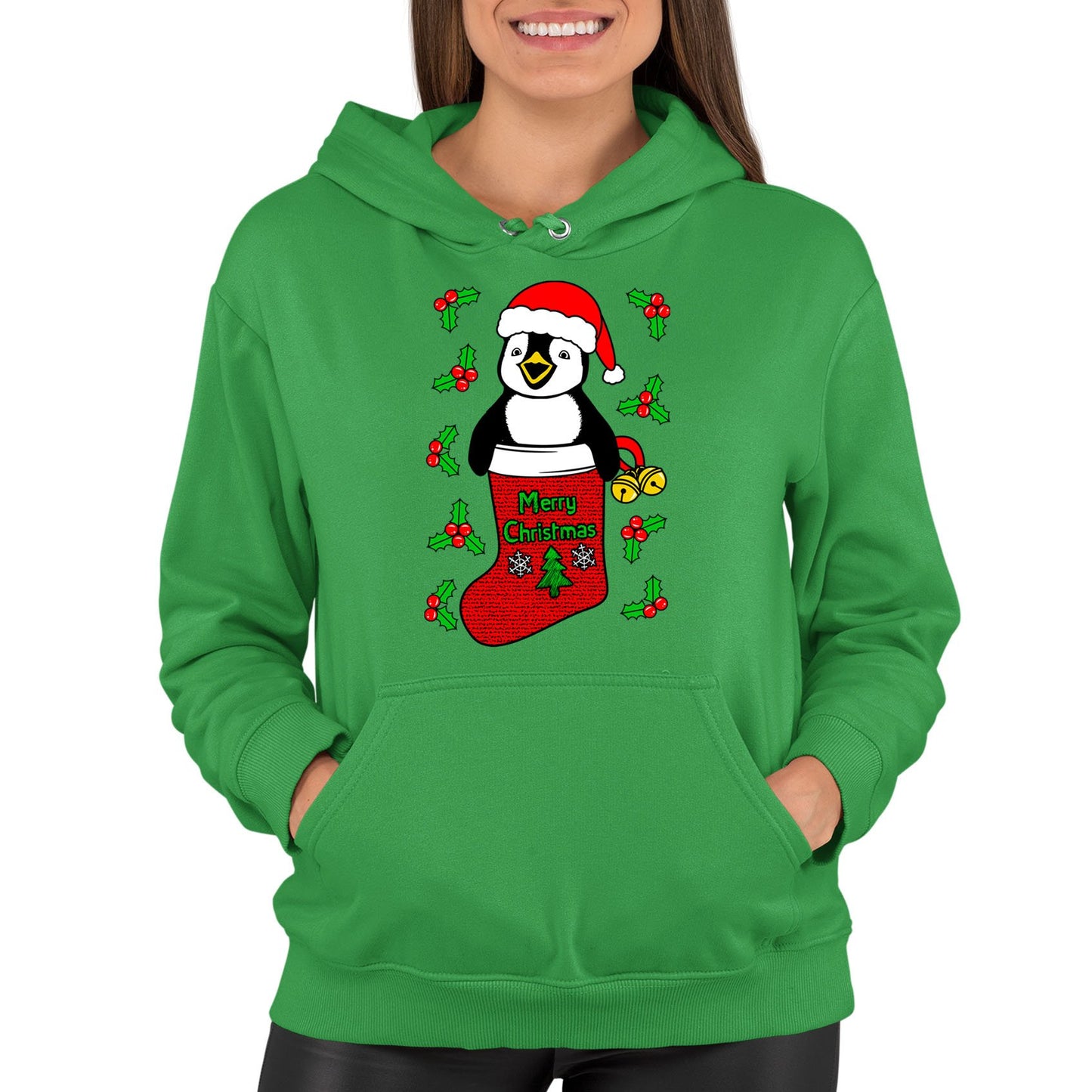 Santa Penguin Christmas Womens Pullover Hoodie