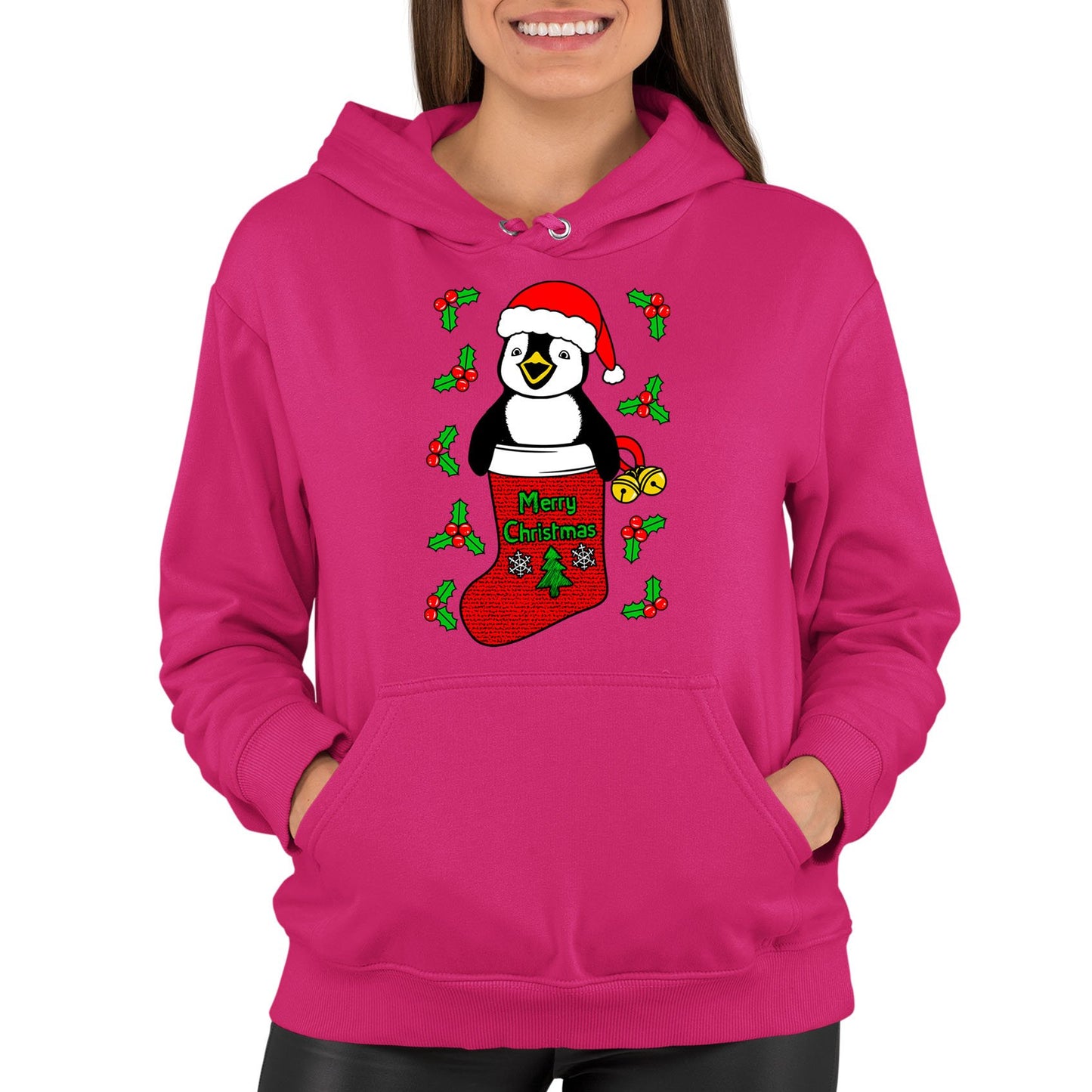 Santa Penguin Christmas Womens Pullover Hoodie