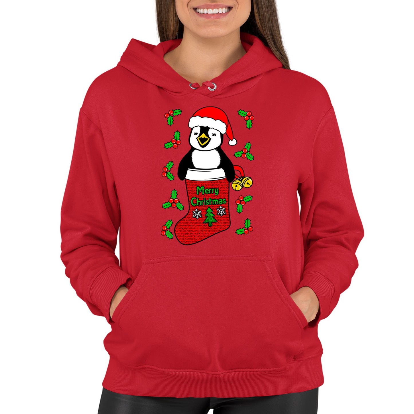 Santa Penguin Christmas Womens Pullover Hoodie