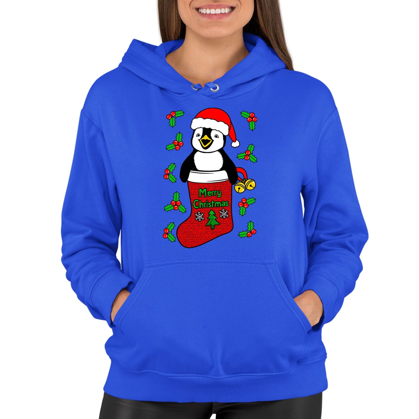 Santa Penguin Christmas Womens Pullover Hoodie
