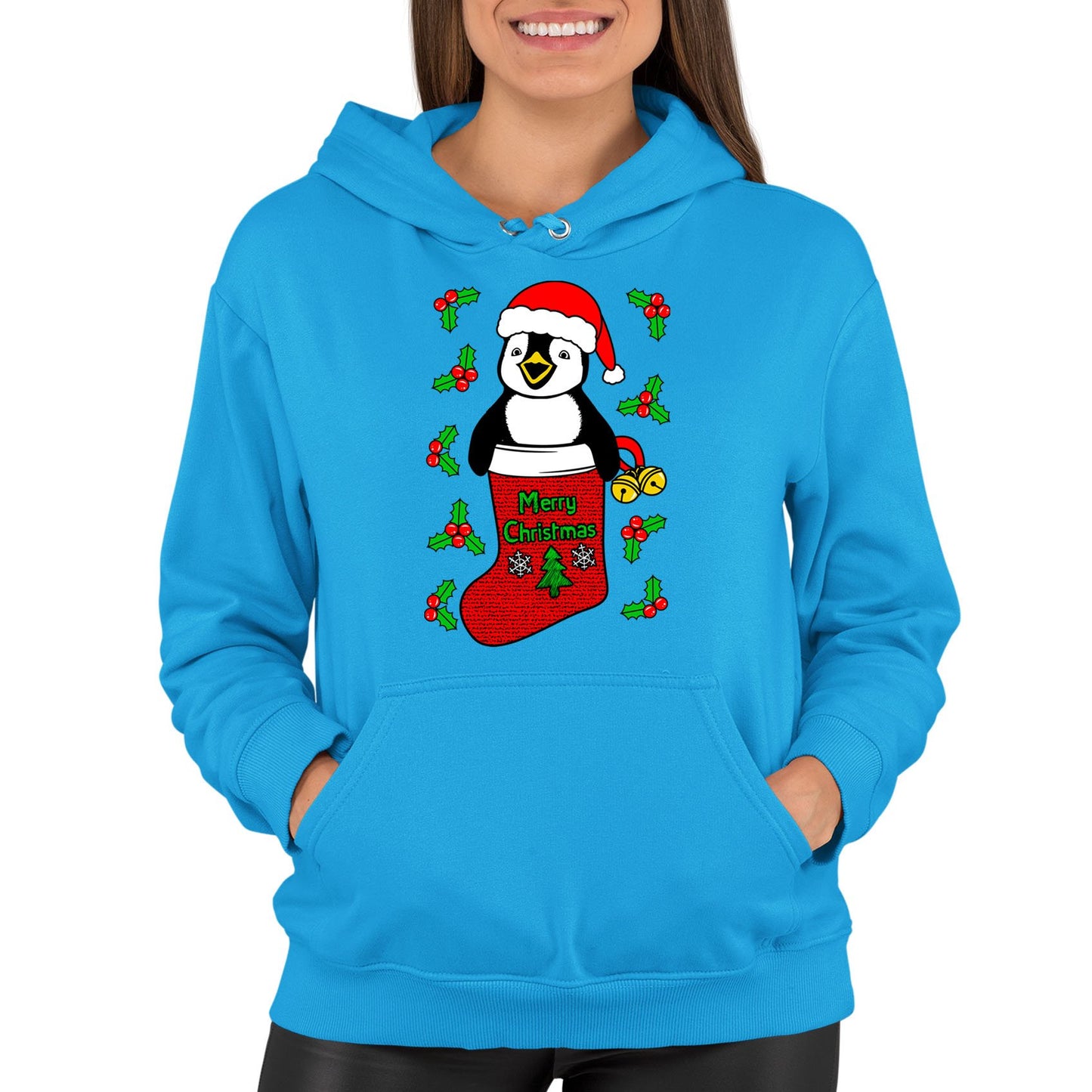 Santa Penguin Christmas Womens Pullover Hoodie