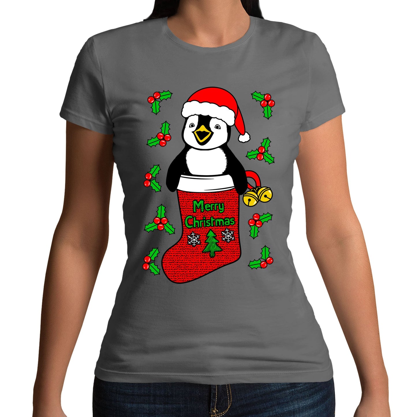 Santa Penguin Christmas Womens T-shirt