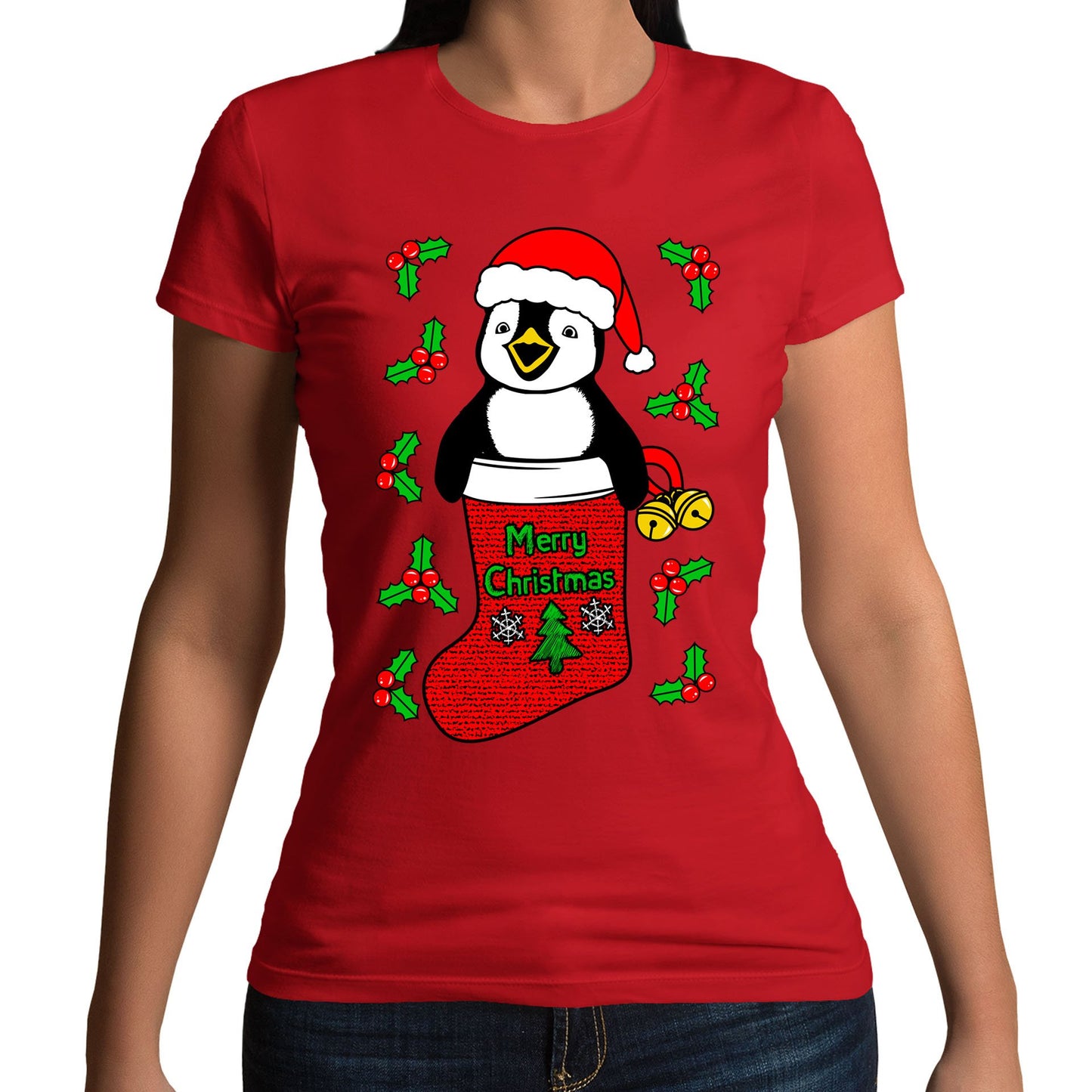 Santa Penguin Christmas Womens T-shirt