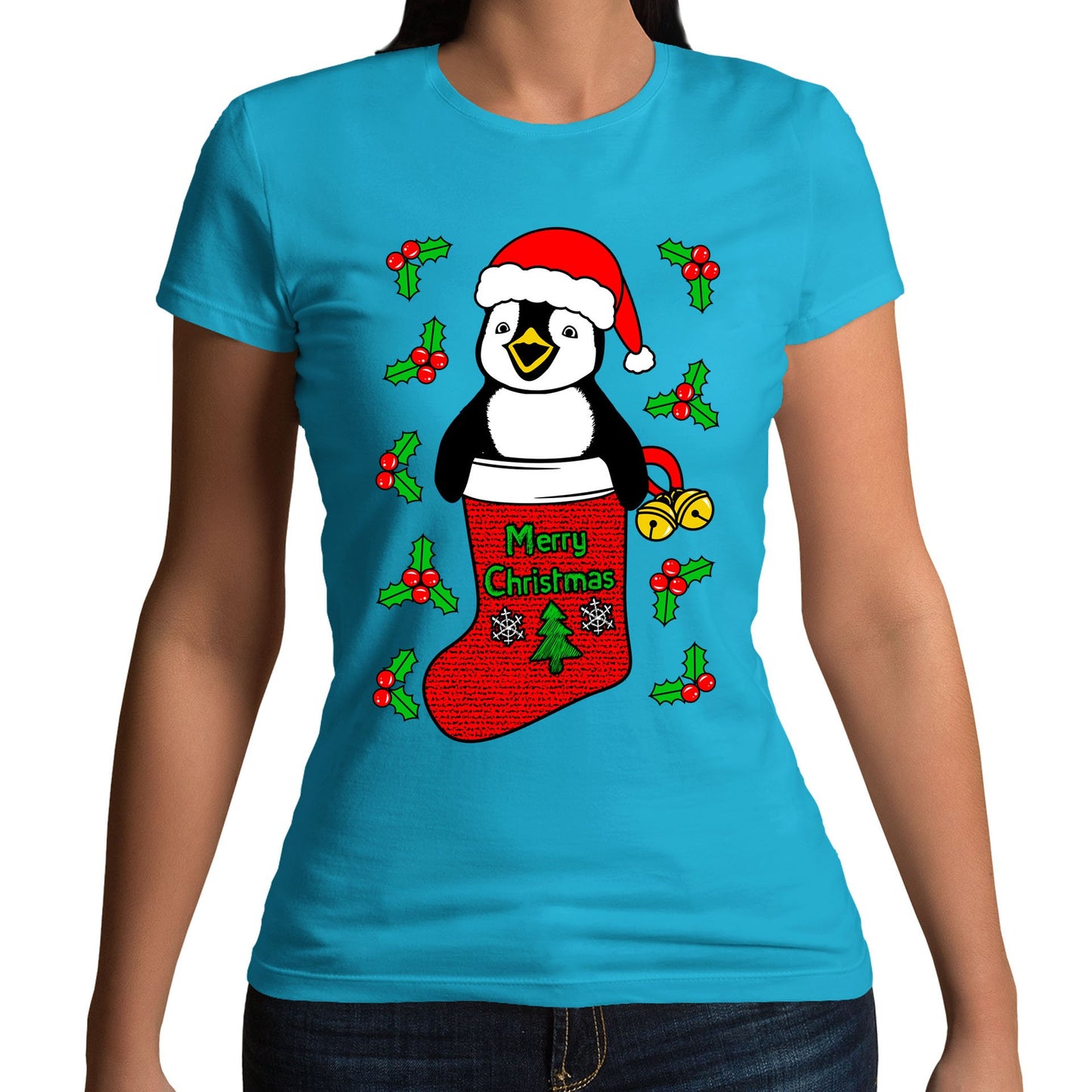 Santa Penguin Christmas Womens T-shirt