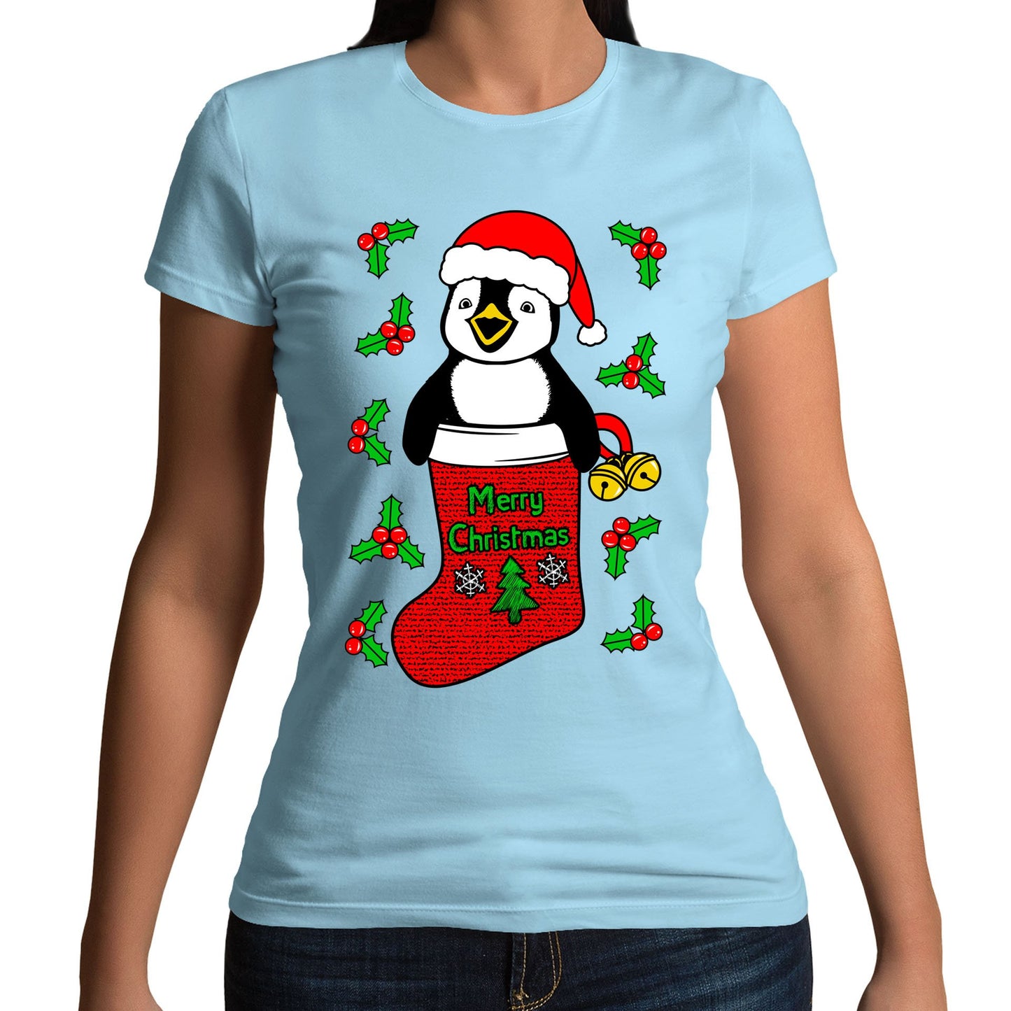 Santa Penguin Christmas Womens T-shirt