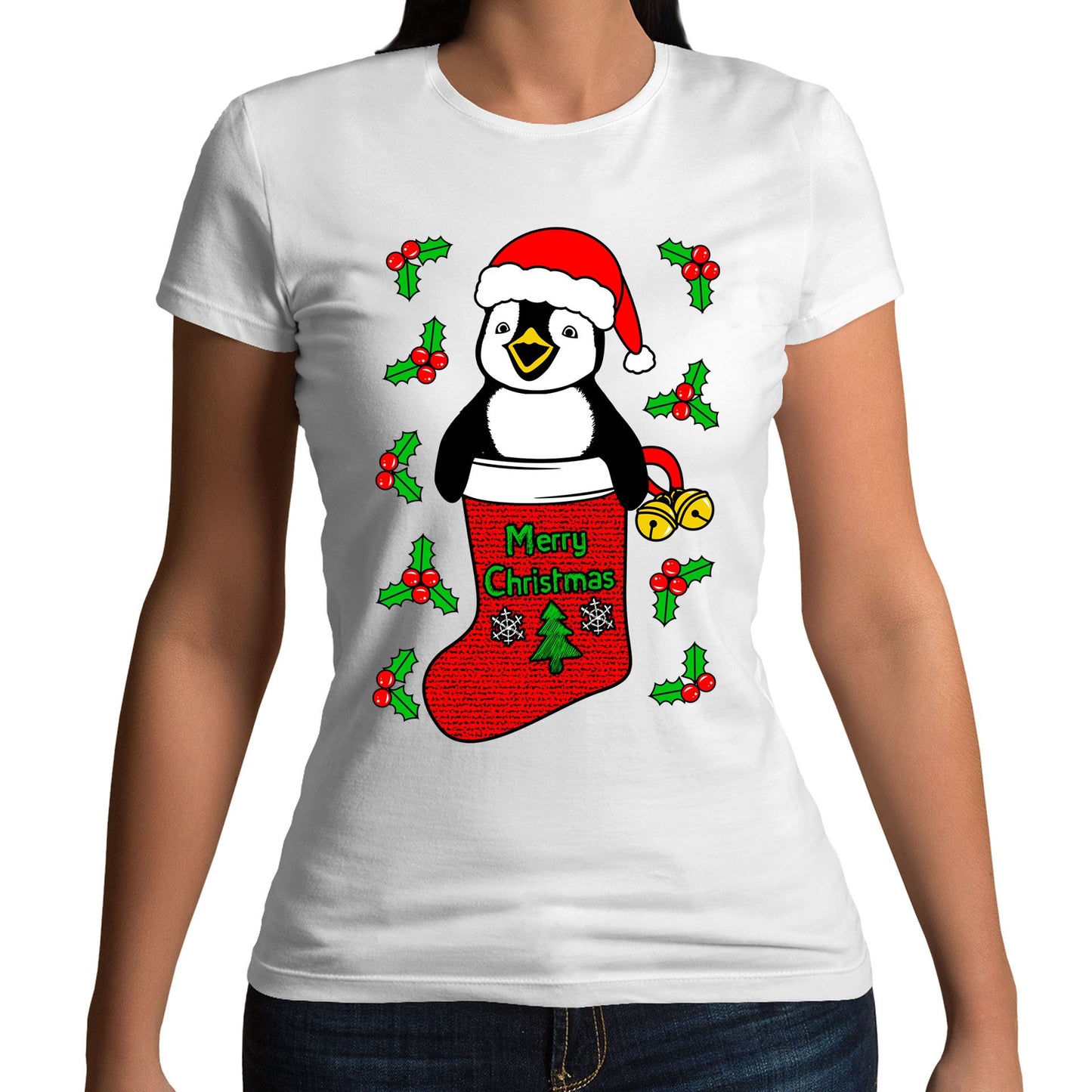 Santa Penguin Christmas Womens T-shirt