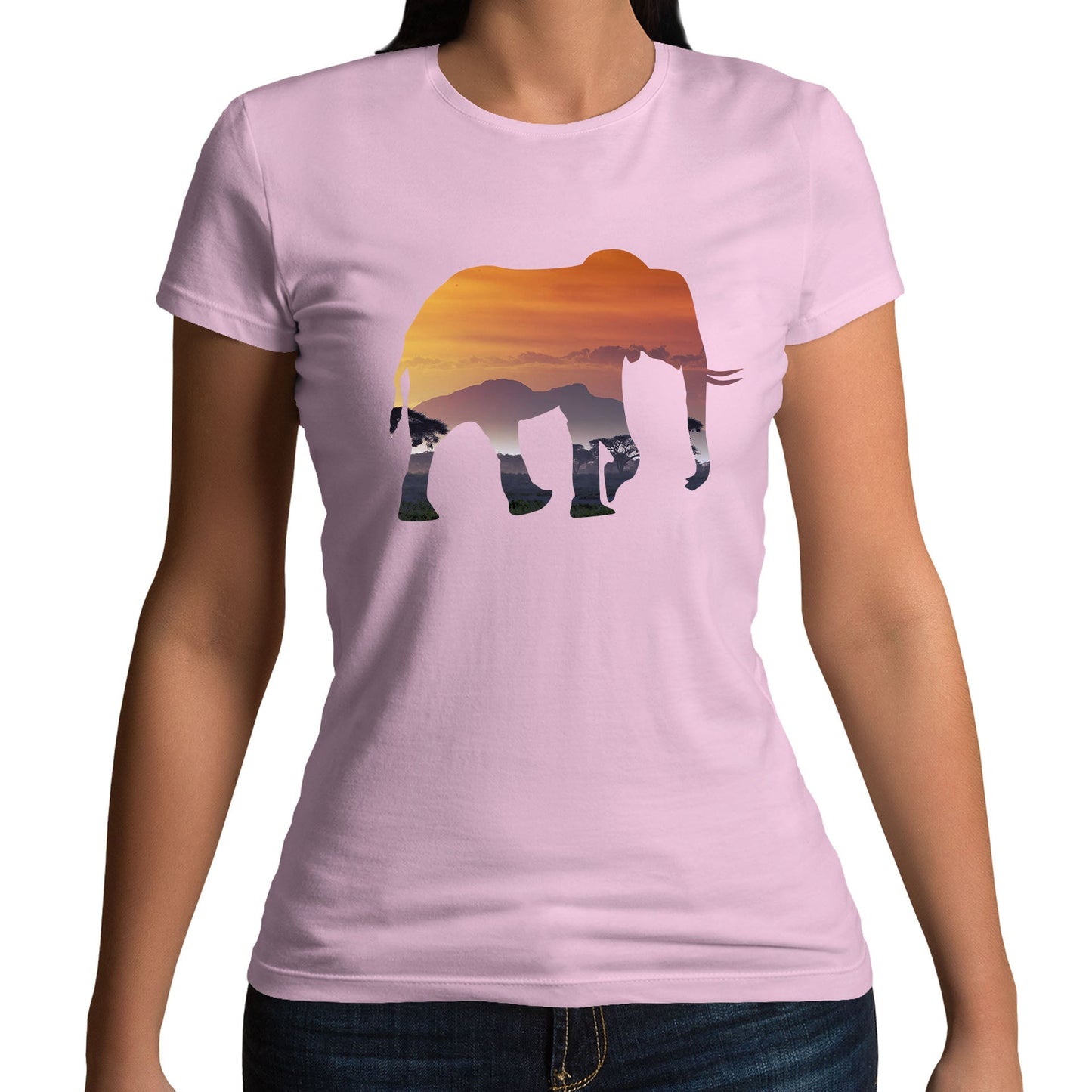 Elephant Silhouette African Landscape Womens T-shirt