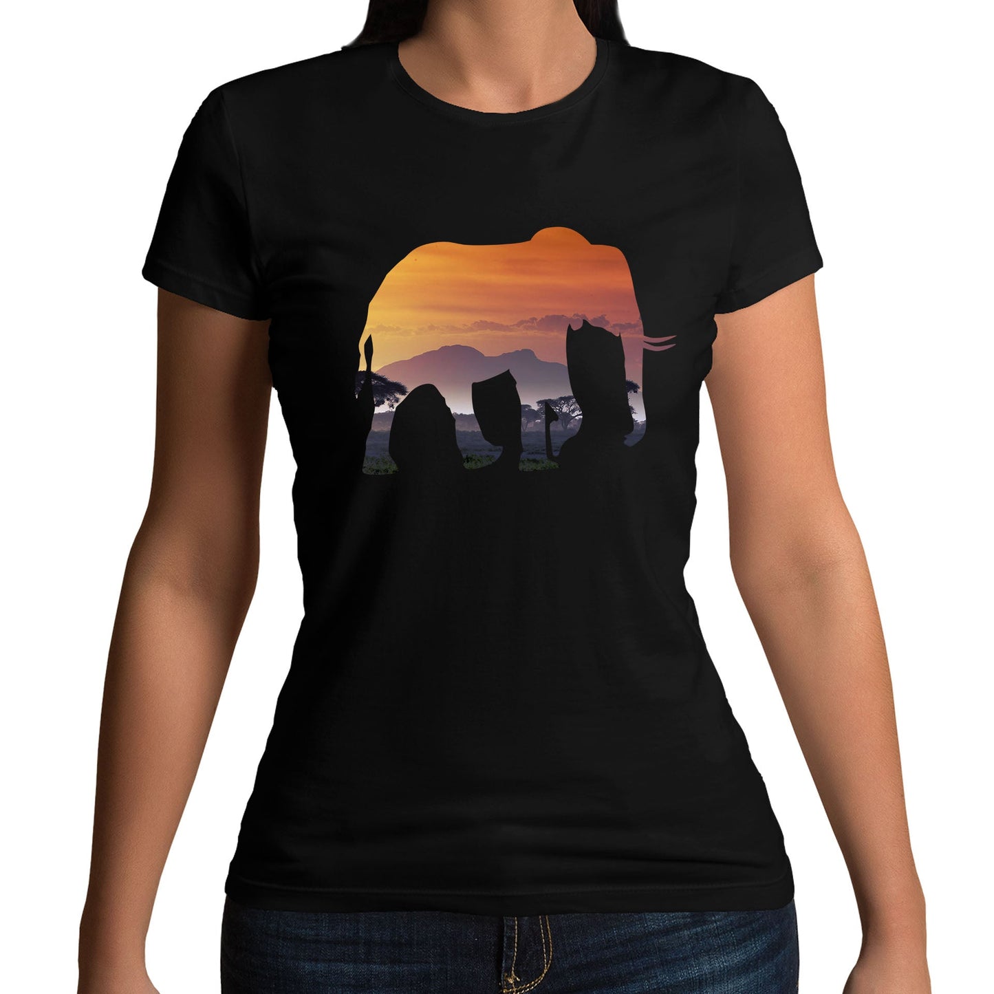 Elephant Silhouette African Landscape Womens T-shirt