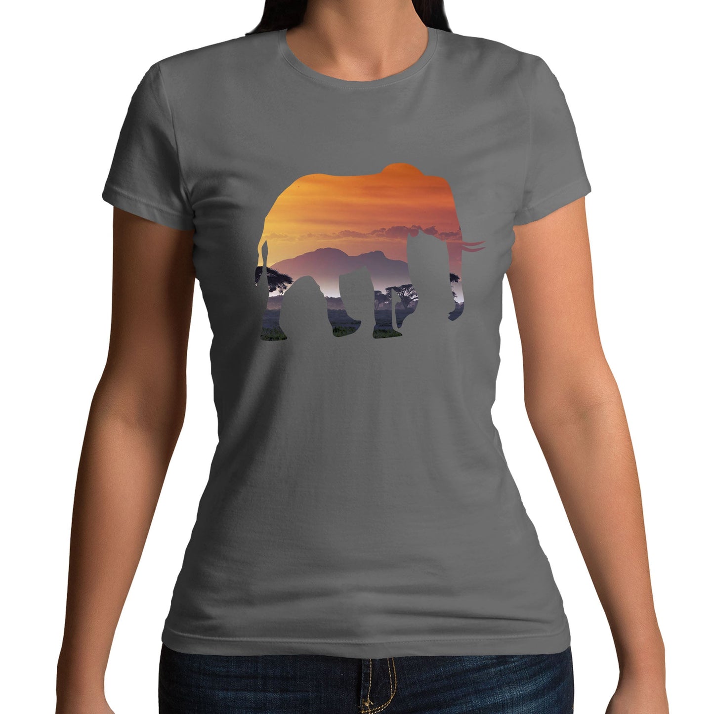 Elephant Silhouette African Landscape Womens T-shirt