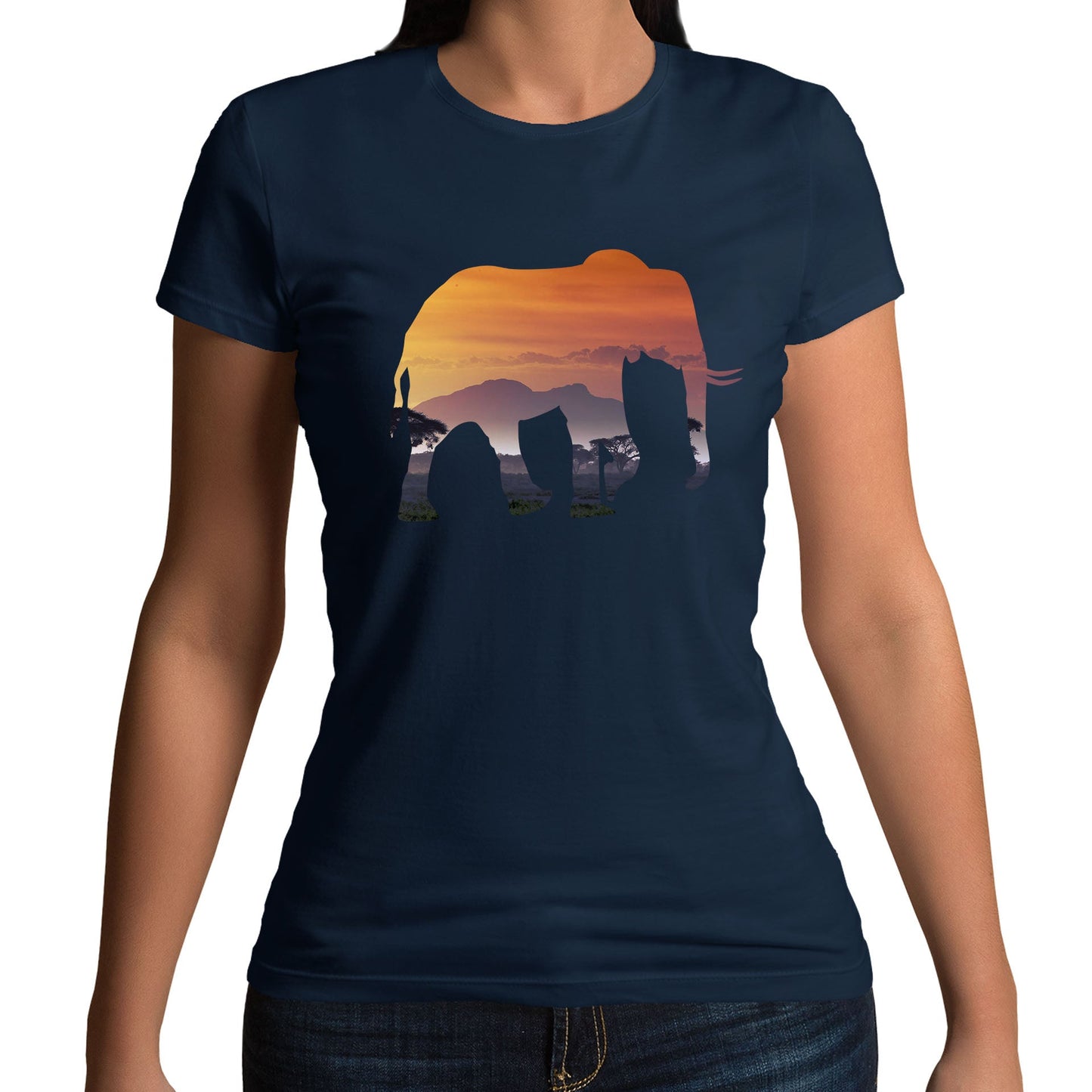 Elephant Silhouette African Landscape Womens T-shirt