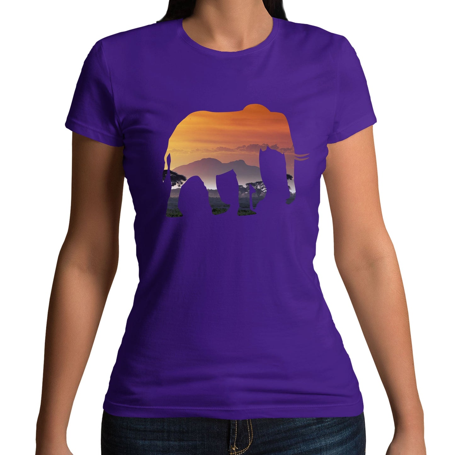 Elephant Silhouette African Landscape Womens T-shirt