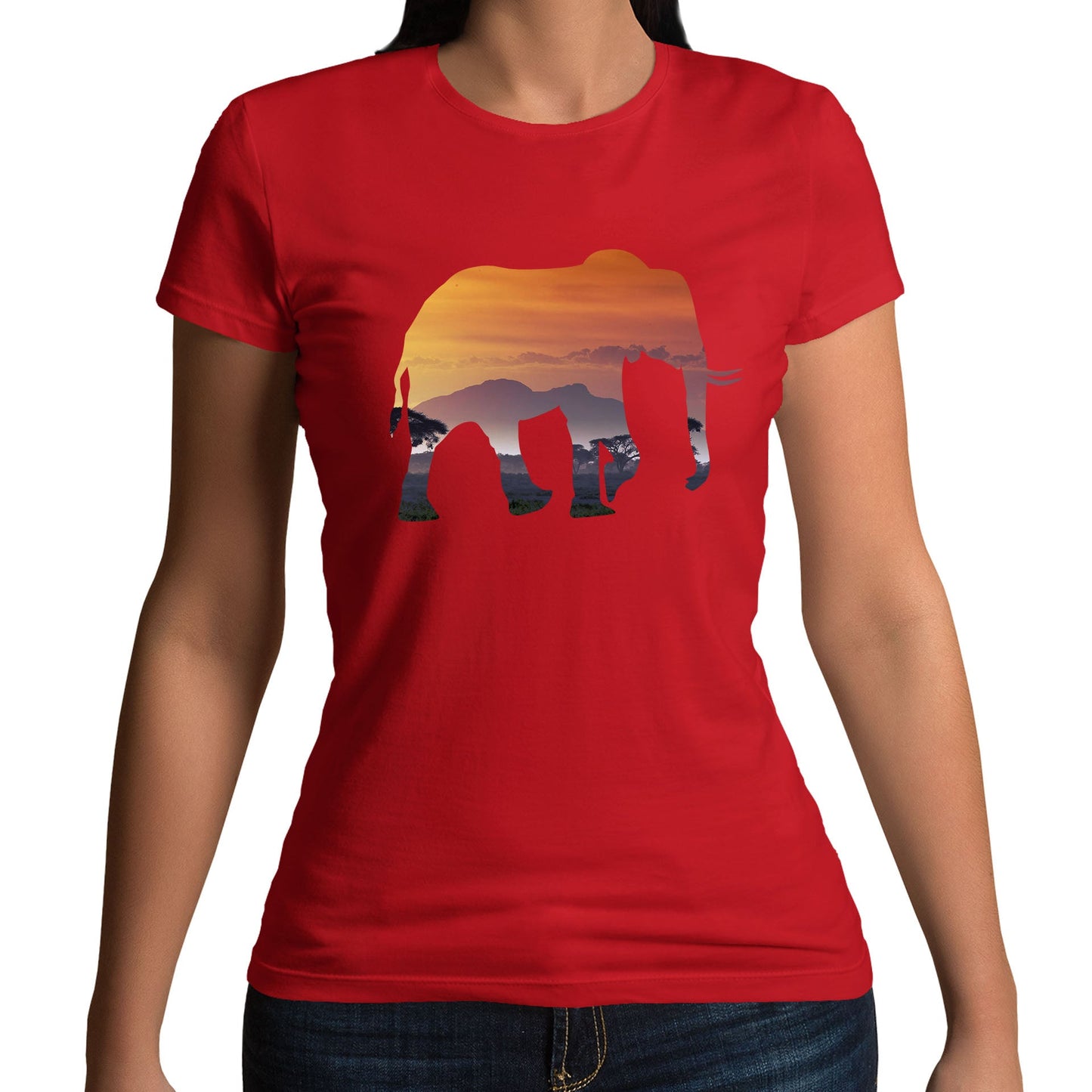 Elephant Silhouette African Landscape Womens T-shirt