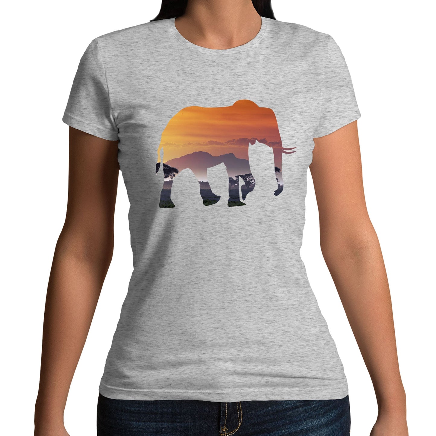 Elephant Silhouette African Landscape Womens T-shirt