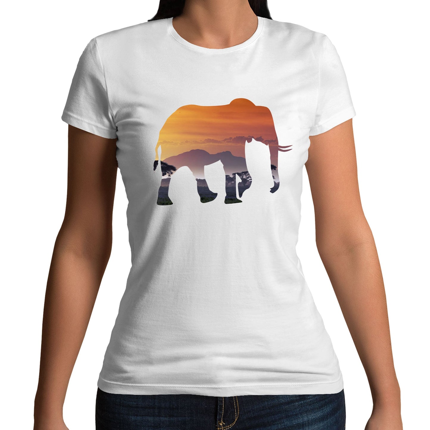 Elephant Silhouette African Landscape Womens T-shirt