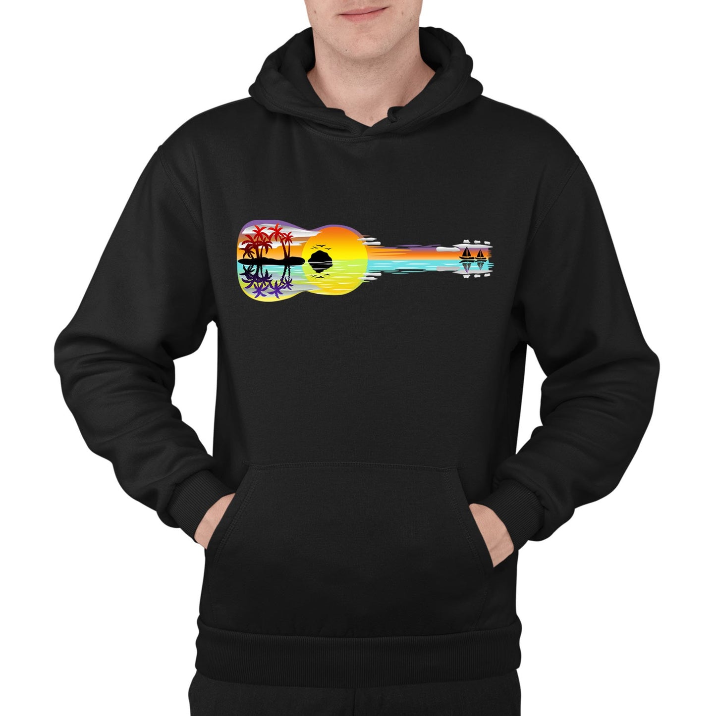 Tropical Sunset Guitar Mens Pullover Hoodie