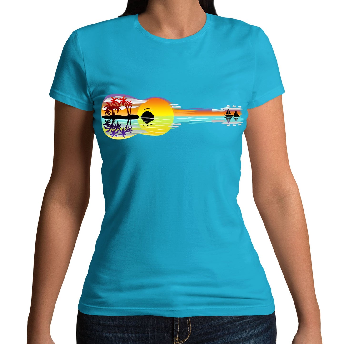 Tropical Sunset Guitar Womens T-shirt