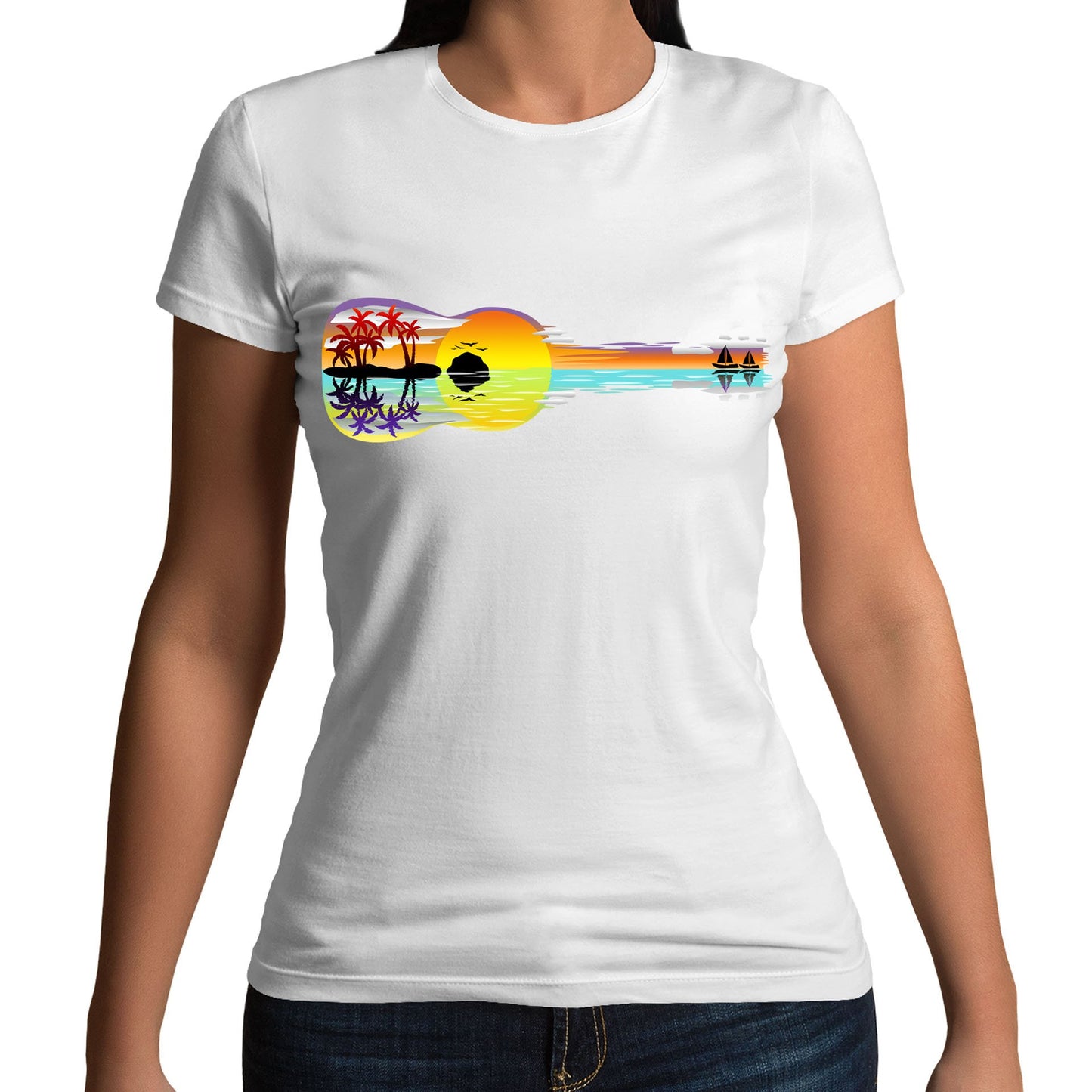 Tropical Sunset Guitar Womens T-shirt